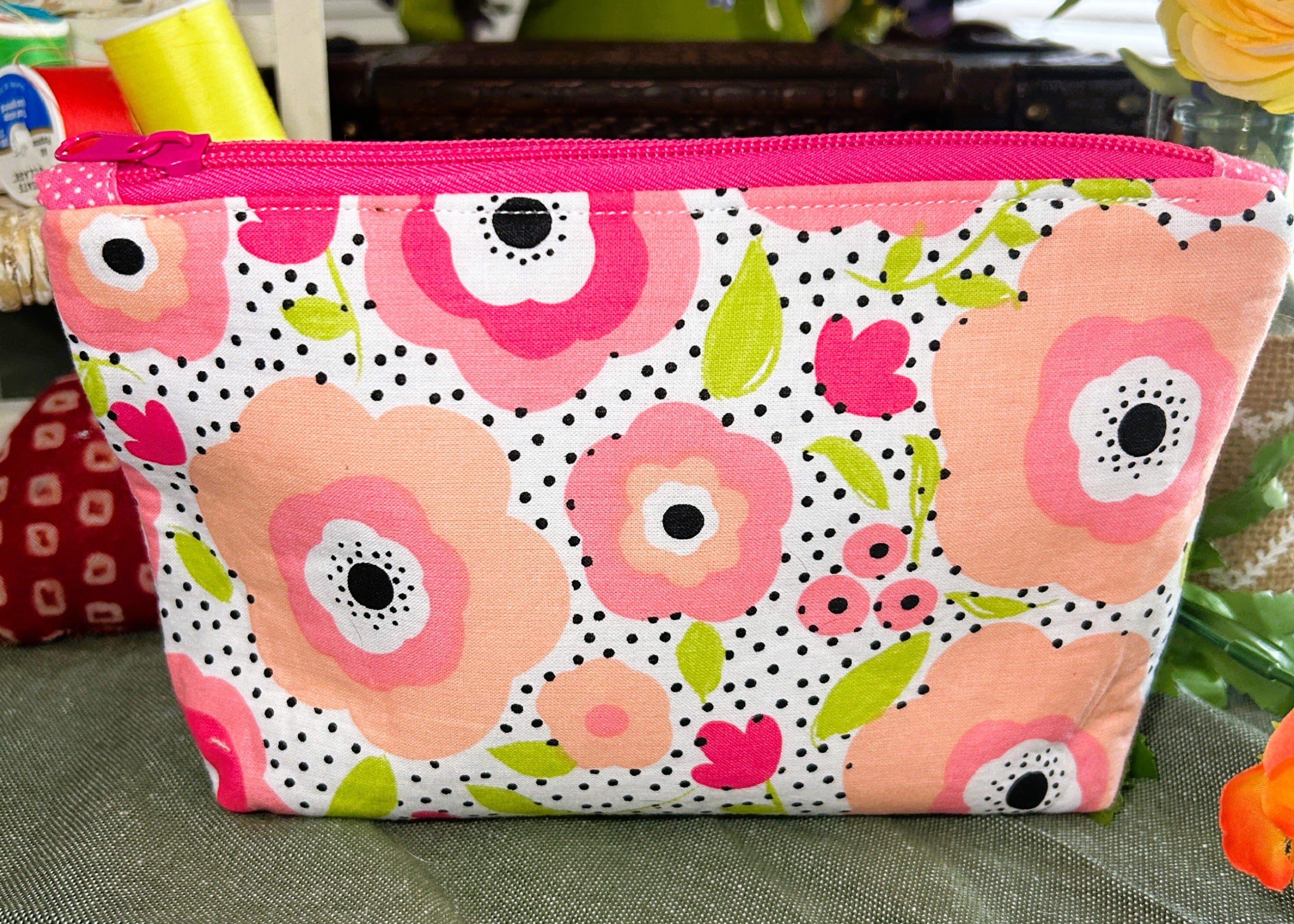 Black-eyed Peach Floral Cosmetic Zipper Pouch