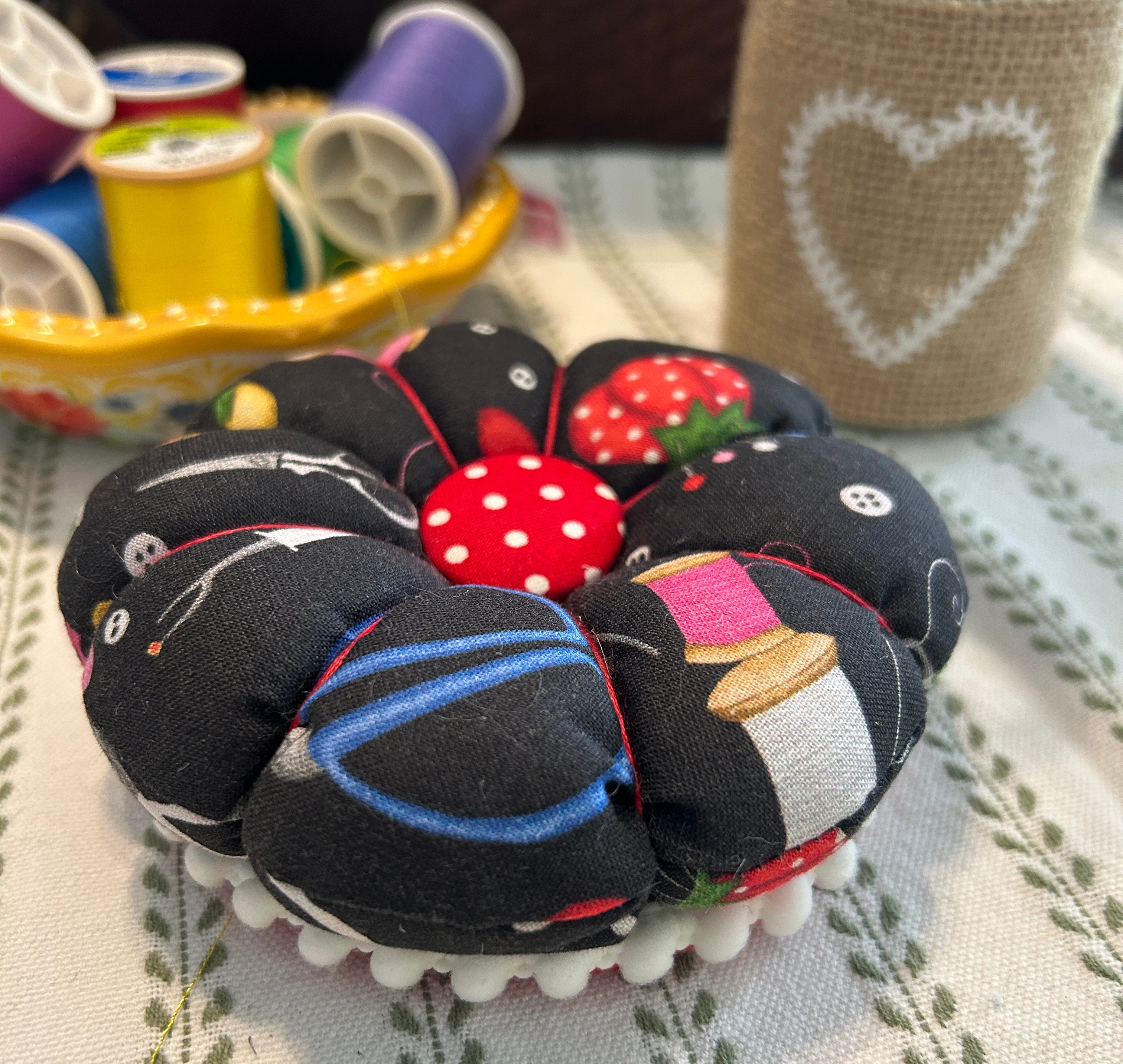 Pin Cushion with Sewing Motif on Wooden Base - Black