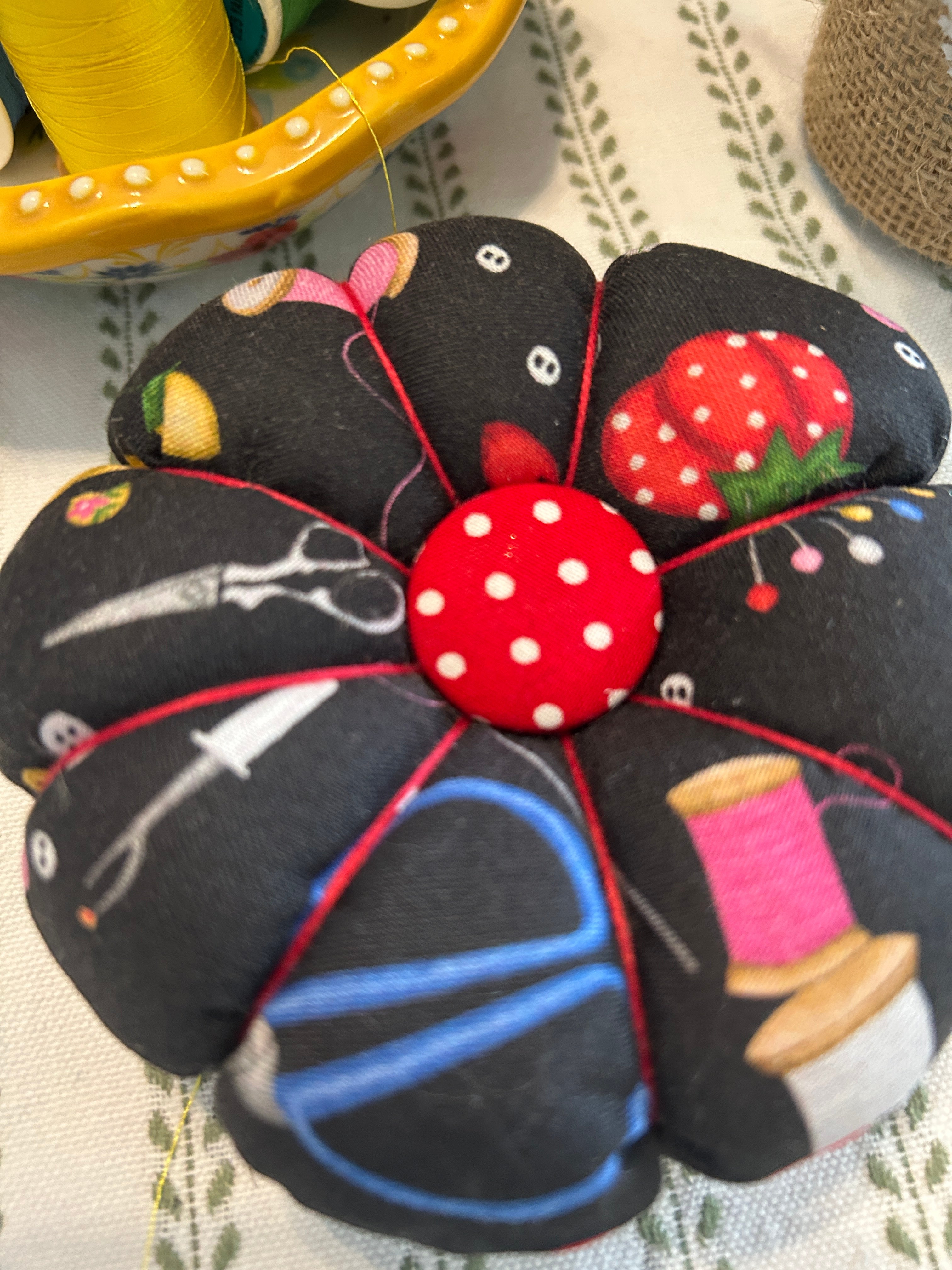 Pin Cushion with Sewing Motif on Wooden Base - Black