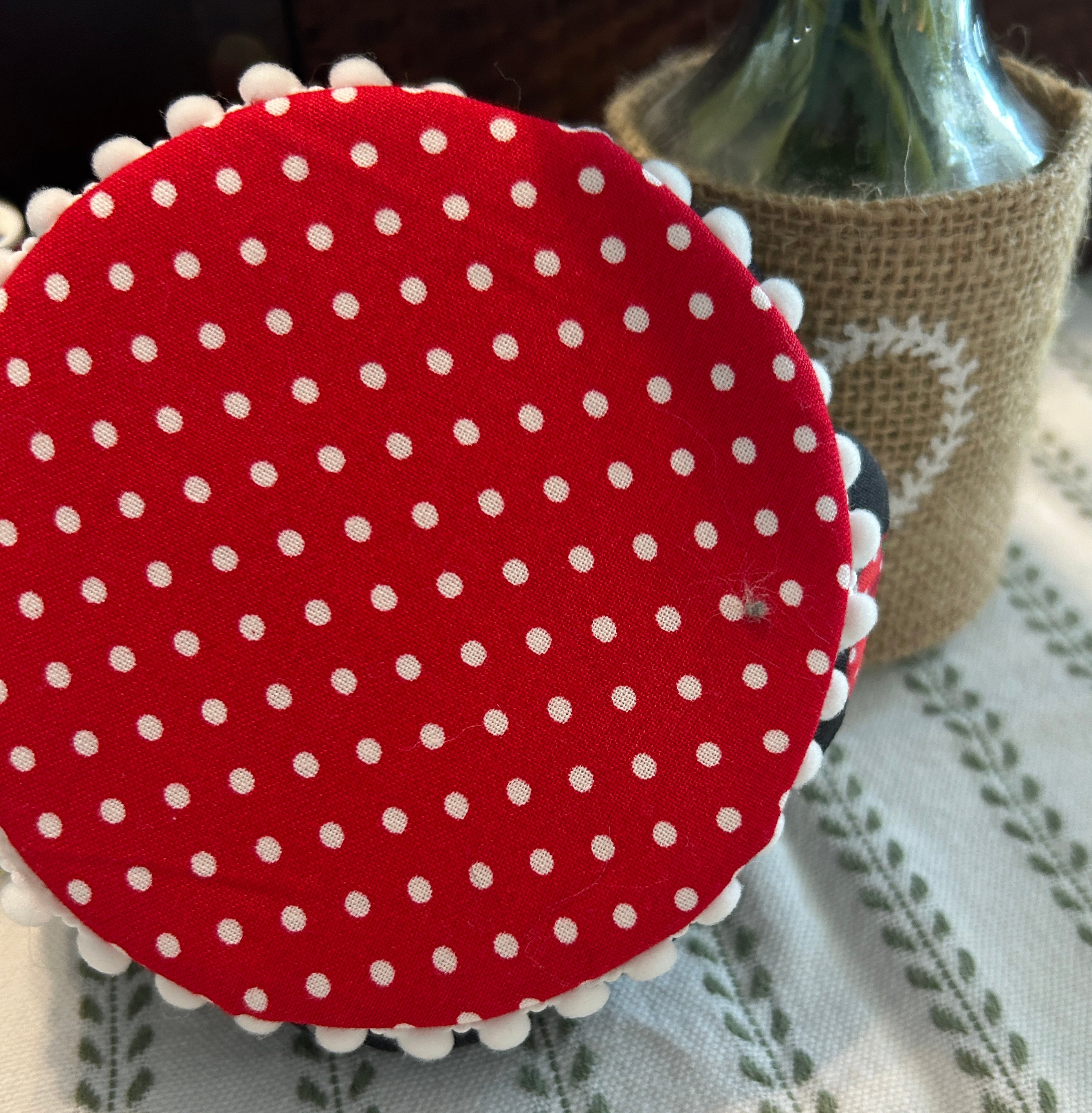 Pin Cushion with Sewing Motif on Wooden Base - Black