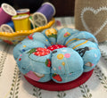 Pin Cushion with Sewing Motif on Wooden Base - Blue