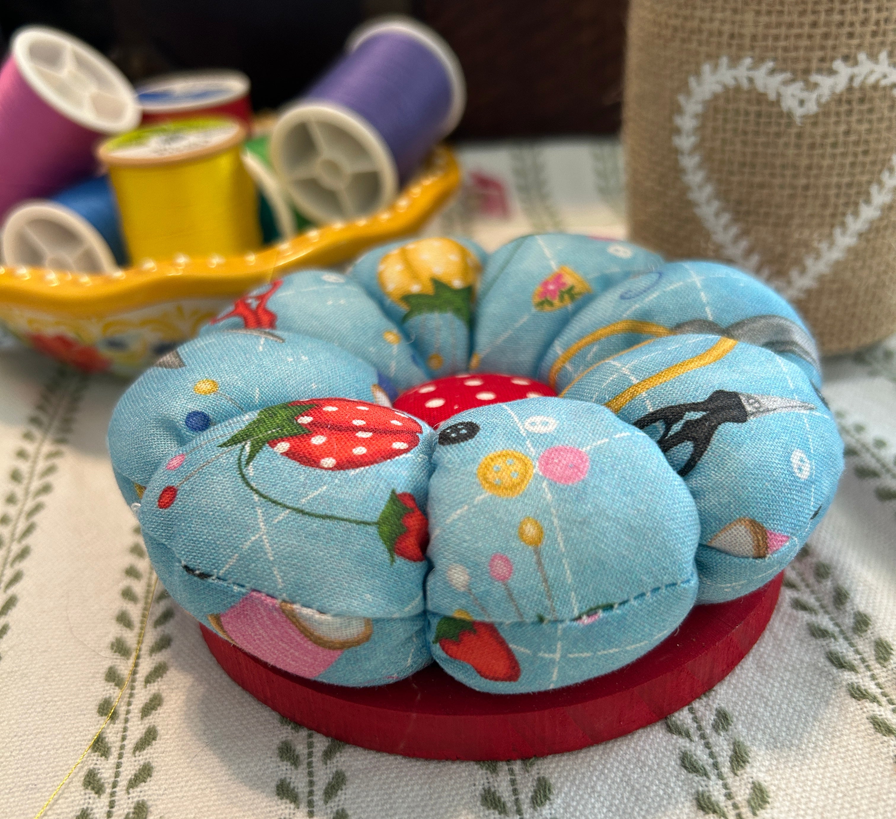 Pin Cushion with Sewing Motif on Wooden Base - Blue