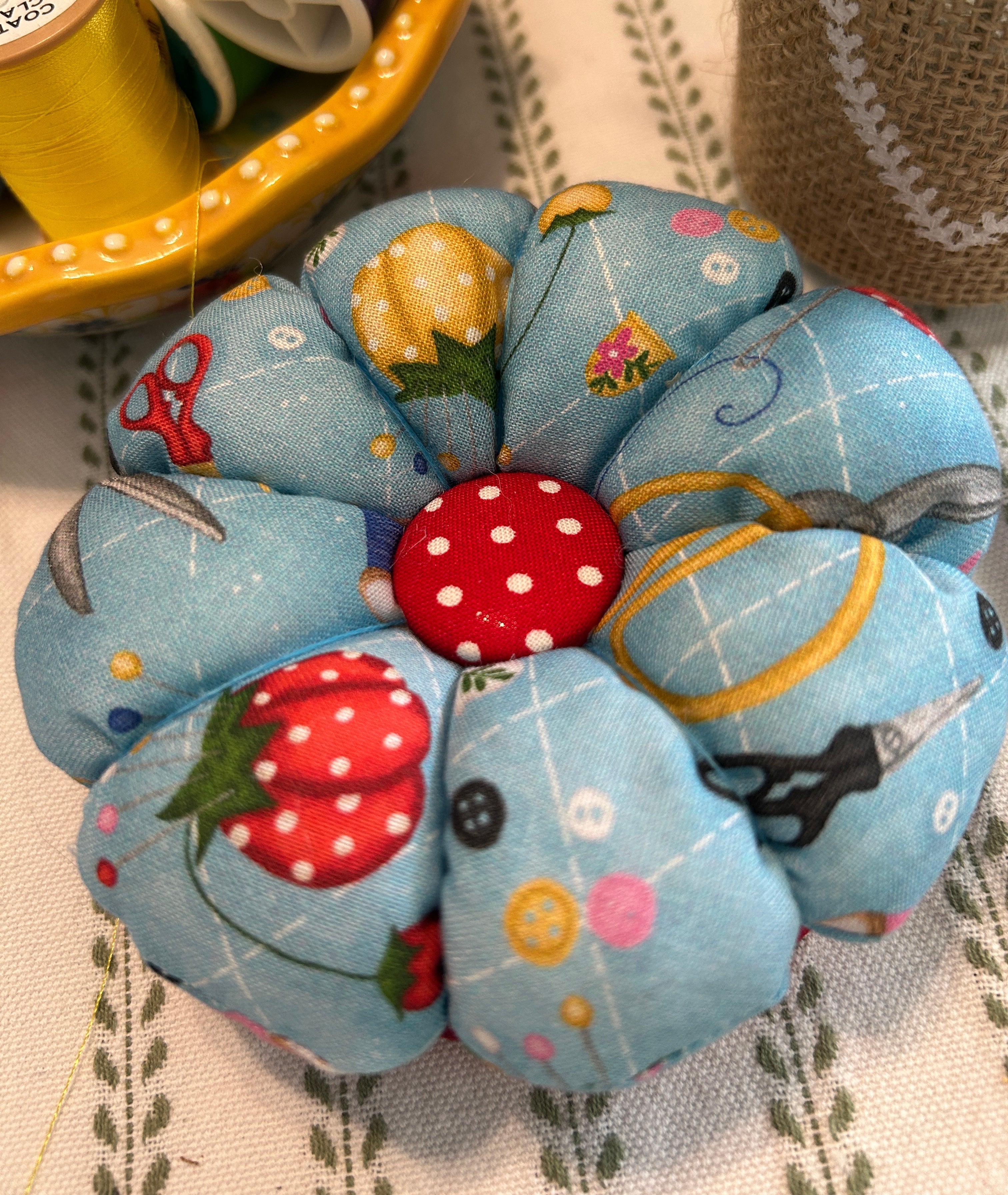 Pin Cushion with Sewing Motif on Wooden Base - Blue