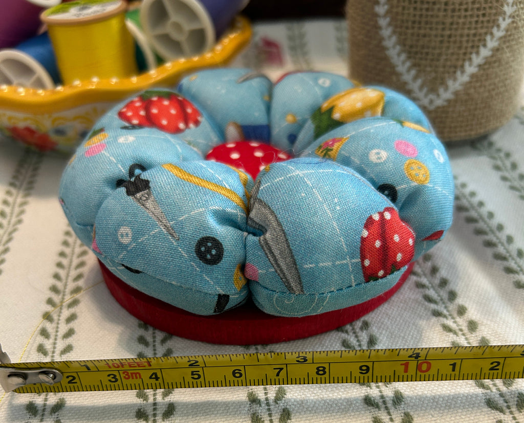 Pin Cushion with Sewing Motif on Wooden Base - Blue