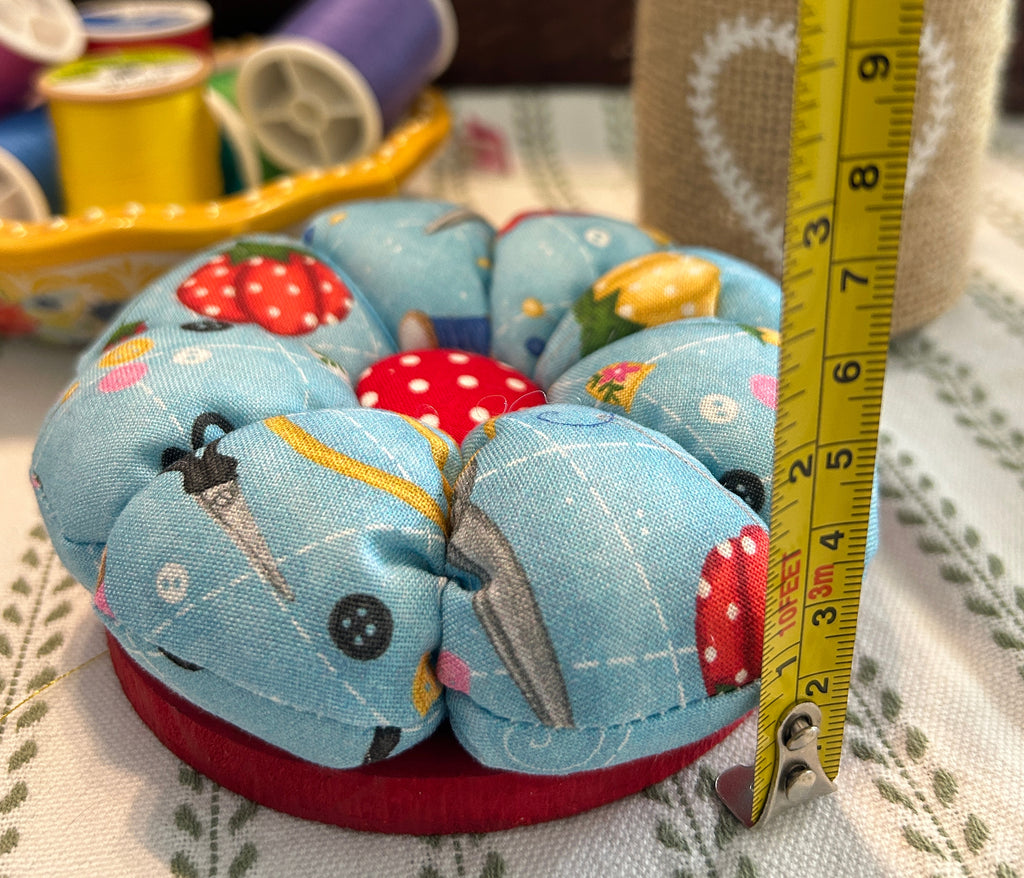 Pin Cushion with Sewing Motif on Wooden Base - Blue