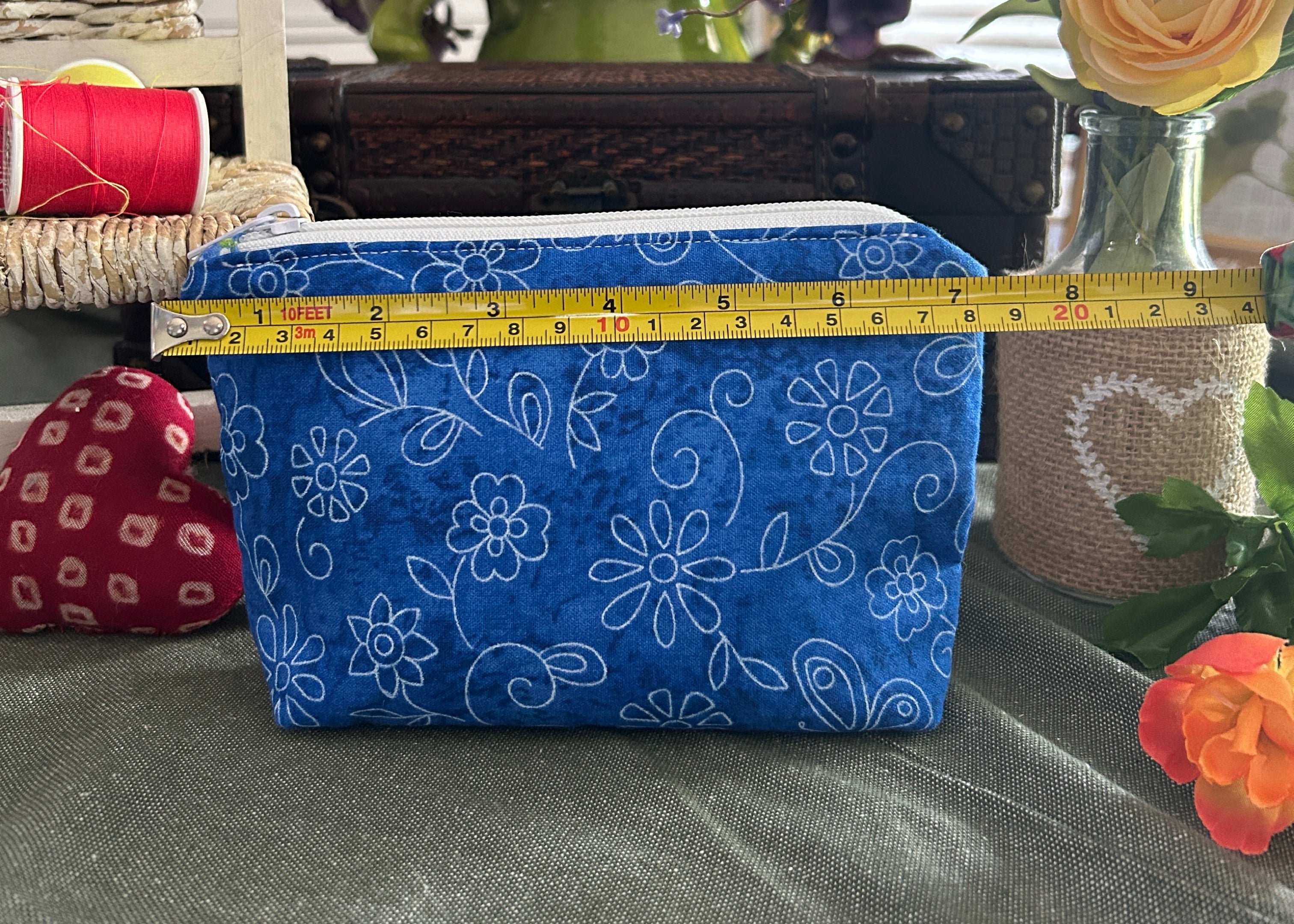 Chalk Flowers on Royal Blue Cosmetic Zipper Pouch