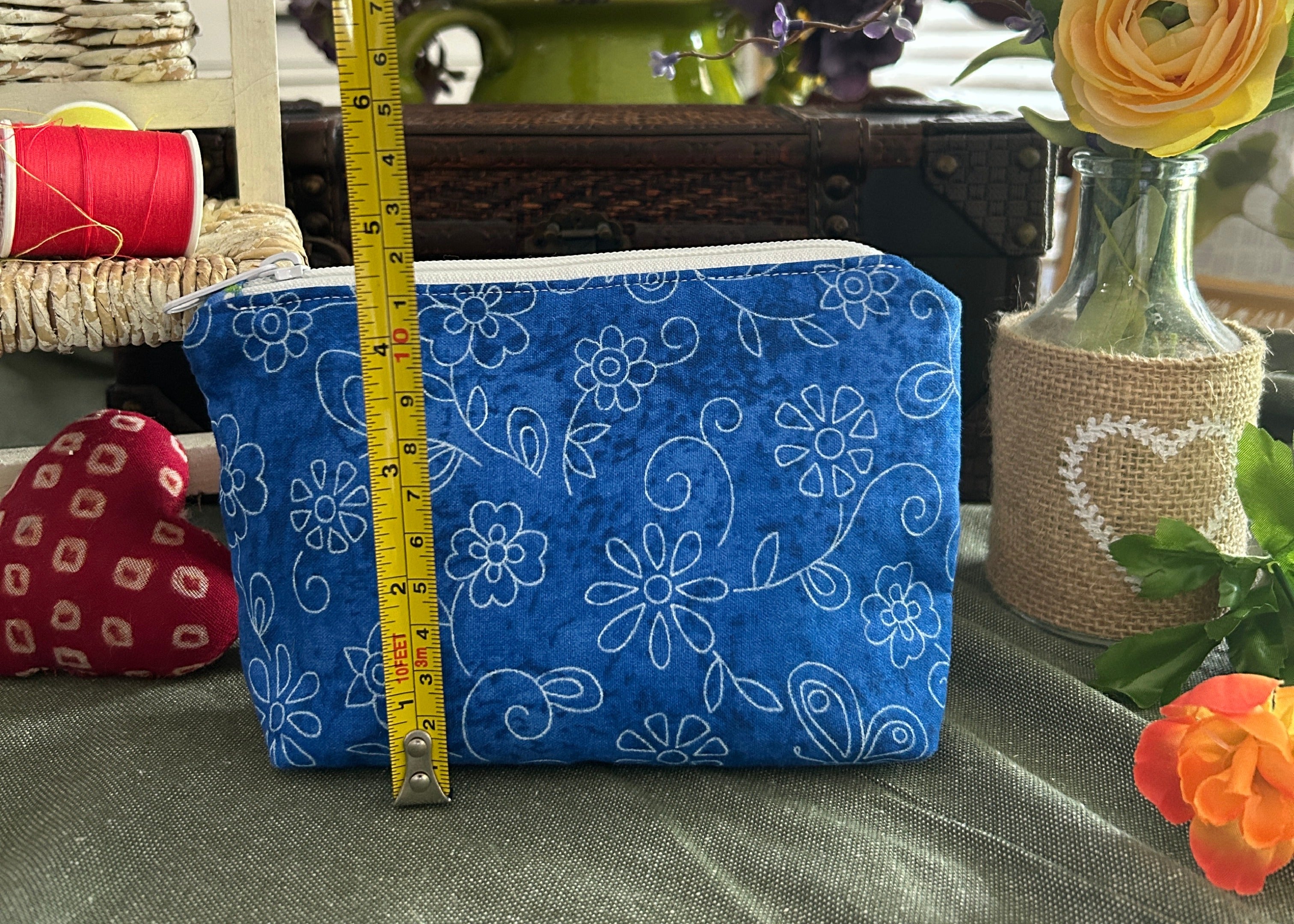 Chalk Flowers on Royal Blue Cosmetic Zipper Pouch