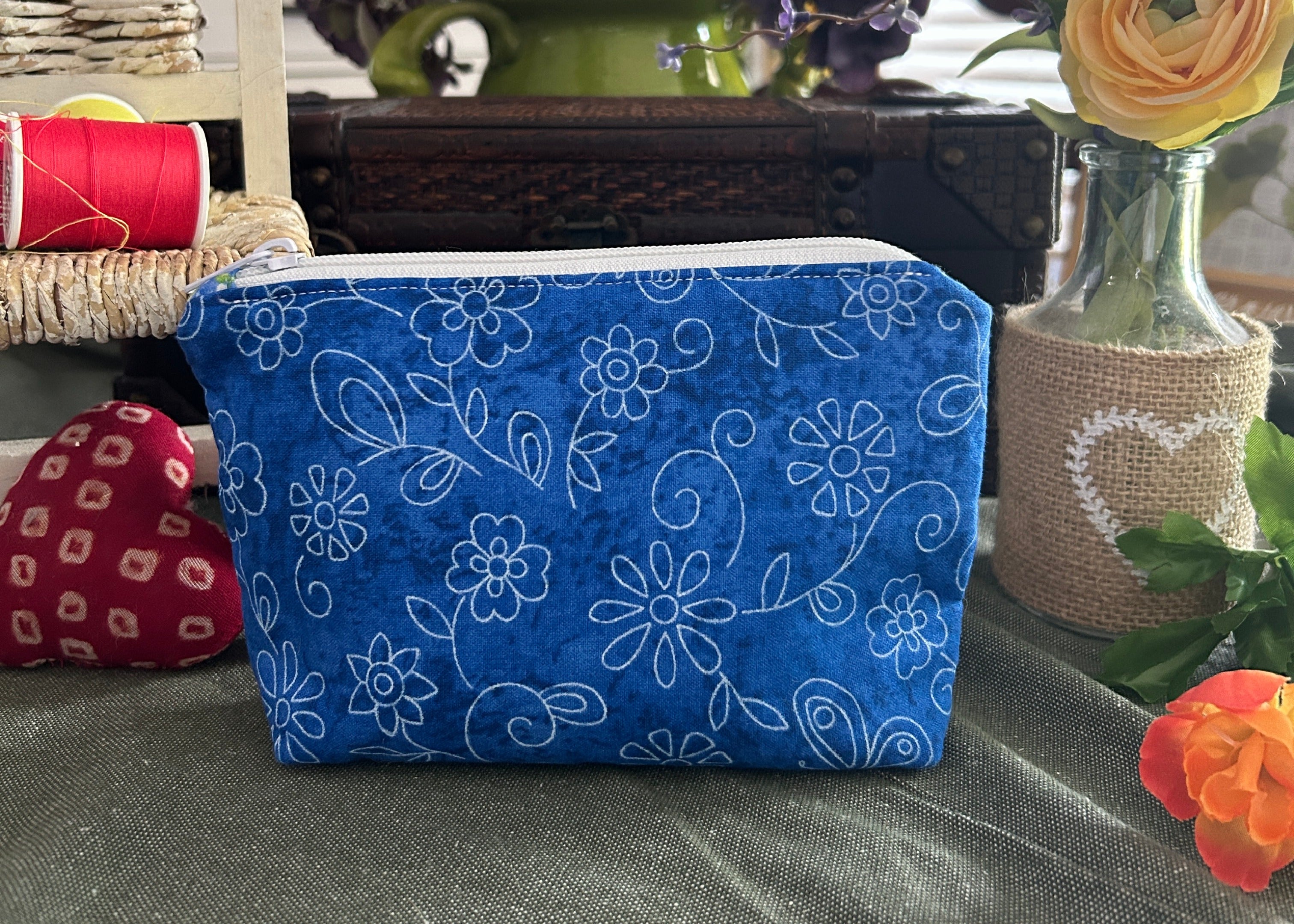 Chalk Flowers on Royal Blue Cosmetic Zipper Pouch