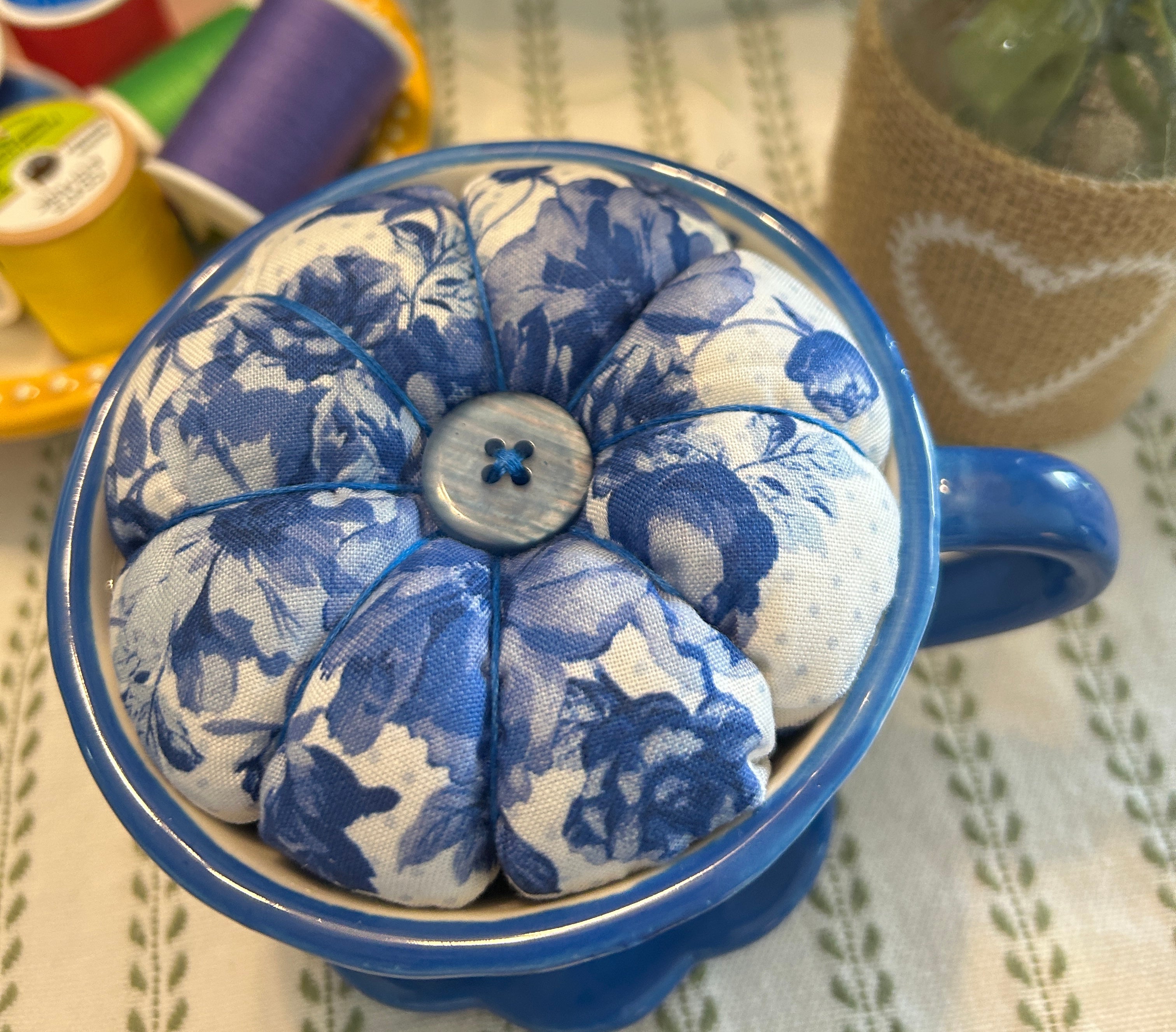 China Blue and White Tea Cup Pin Cushion