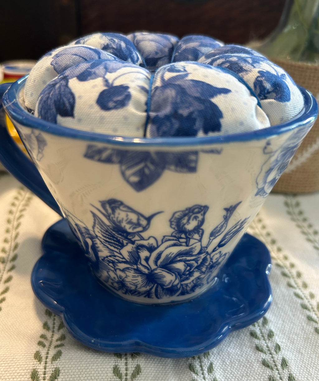 China Blue and White Tea Cup Pin Cushion