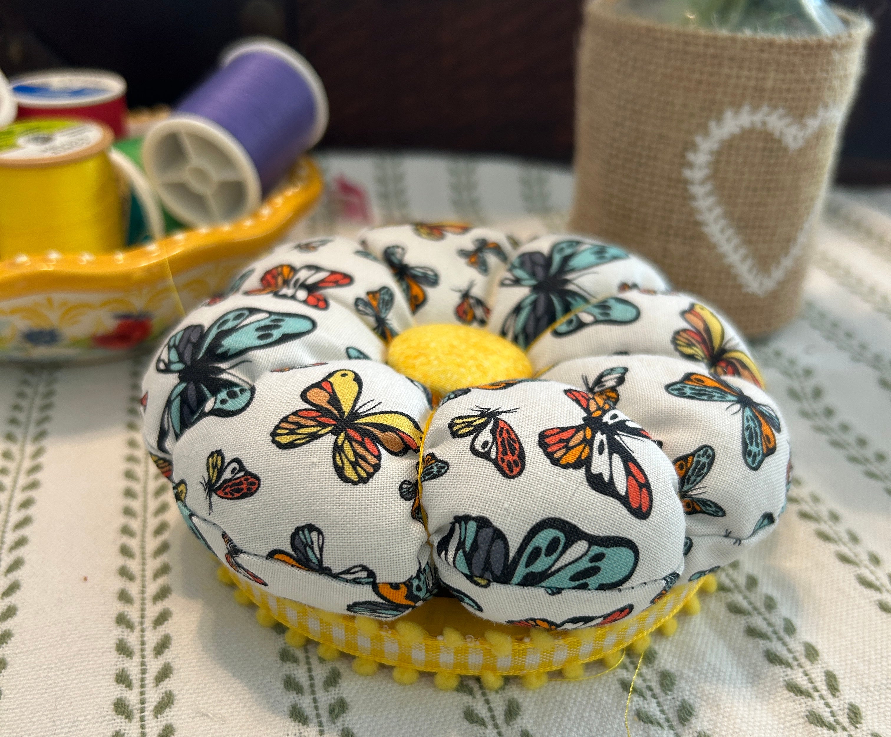 Pin Cushion with Butterflies on Wooden Base - Yellow