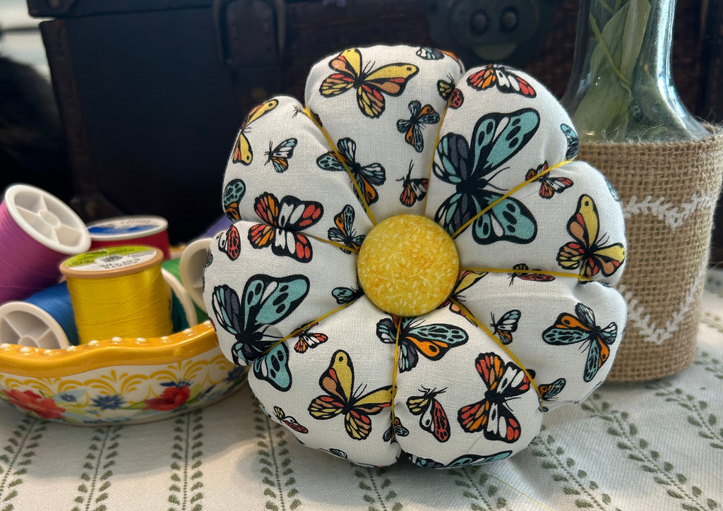 Pin Cushion with Butterflies on Wooden Base - Yellow