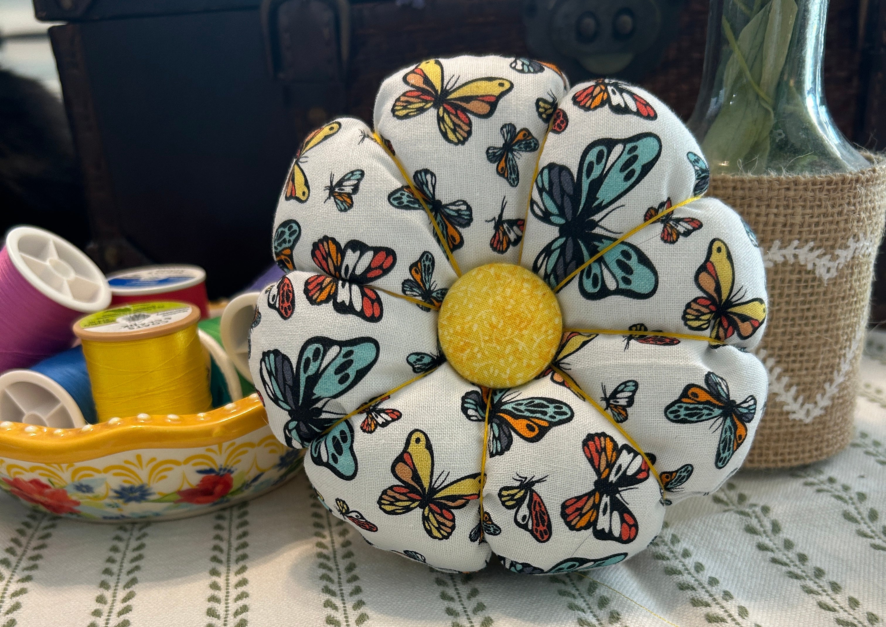 Pin Cushion with Butterflies on Wooden Base - Yellow