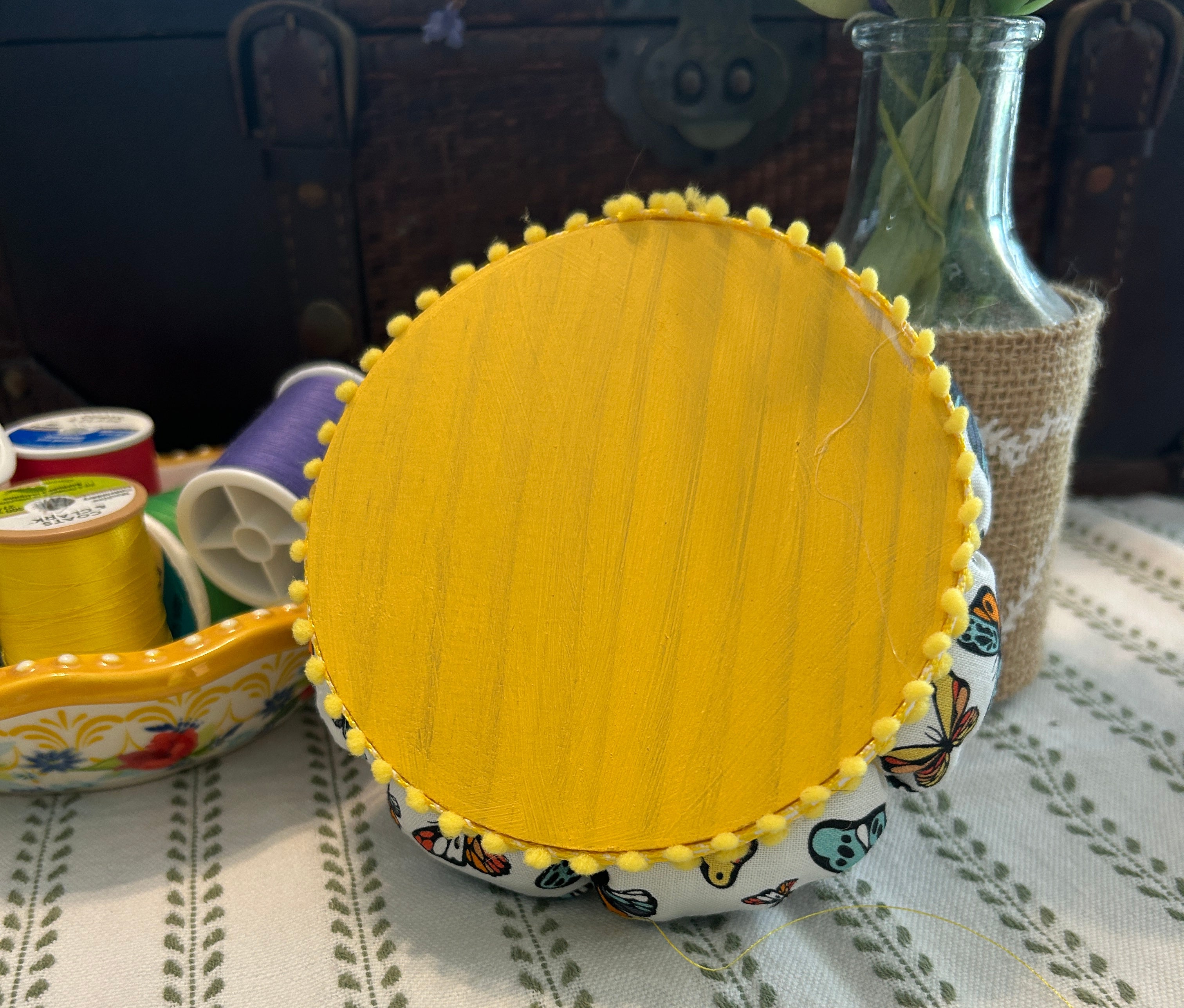 Pin Cushion with Butterflies on Wooden Base - Yellow