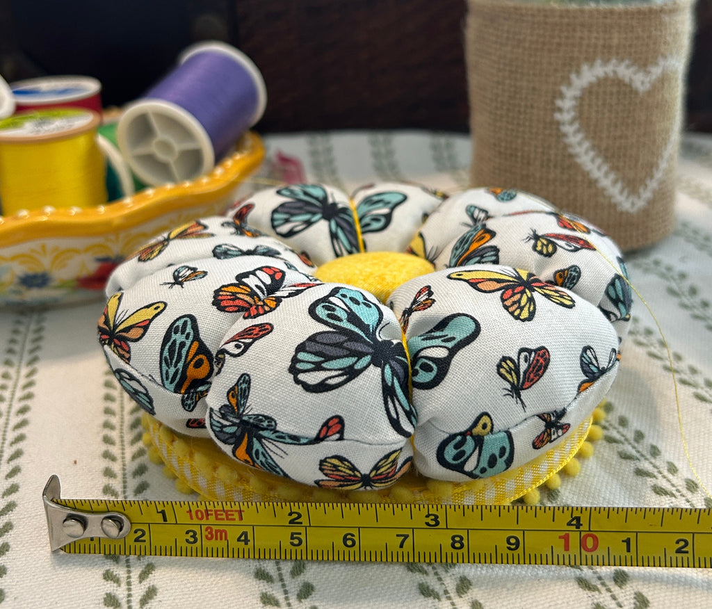 Pin Cushion with Butterflies on Wooden Base - Yellow
