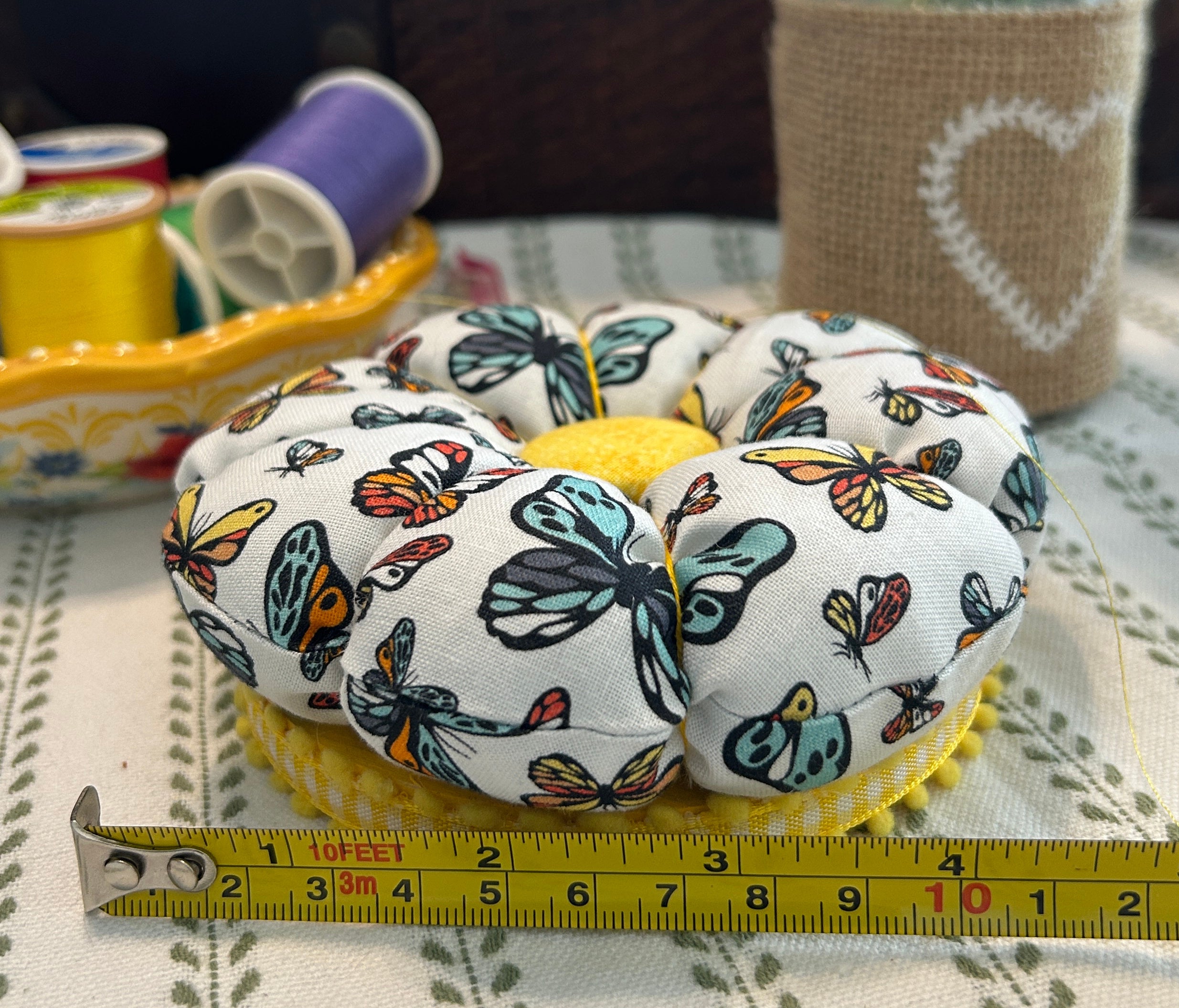Pin Cushion with Butterflies on Wooden Base - Yellow