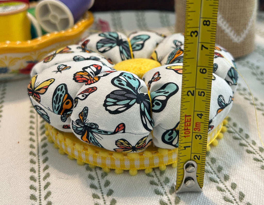 Pin Cushion with Butterflies on Wooden Base - Yellow