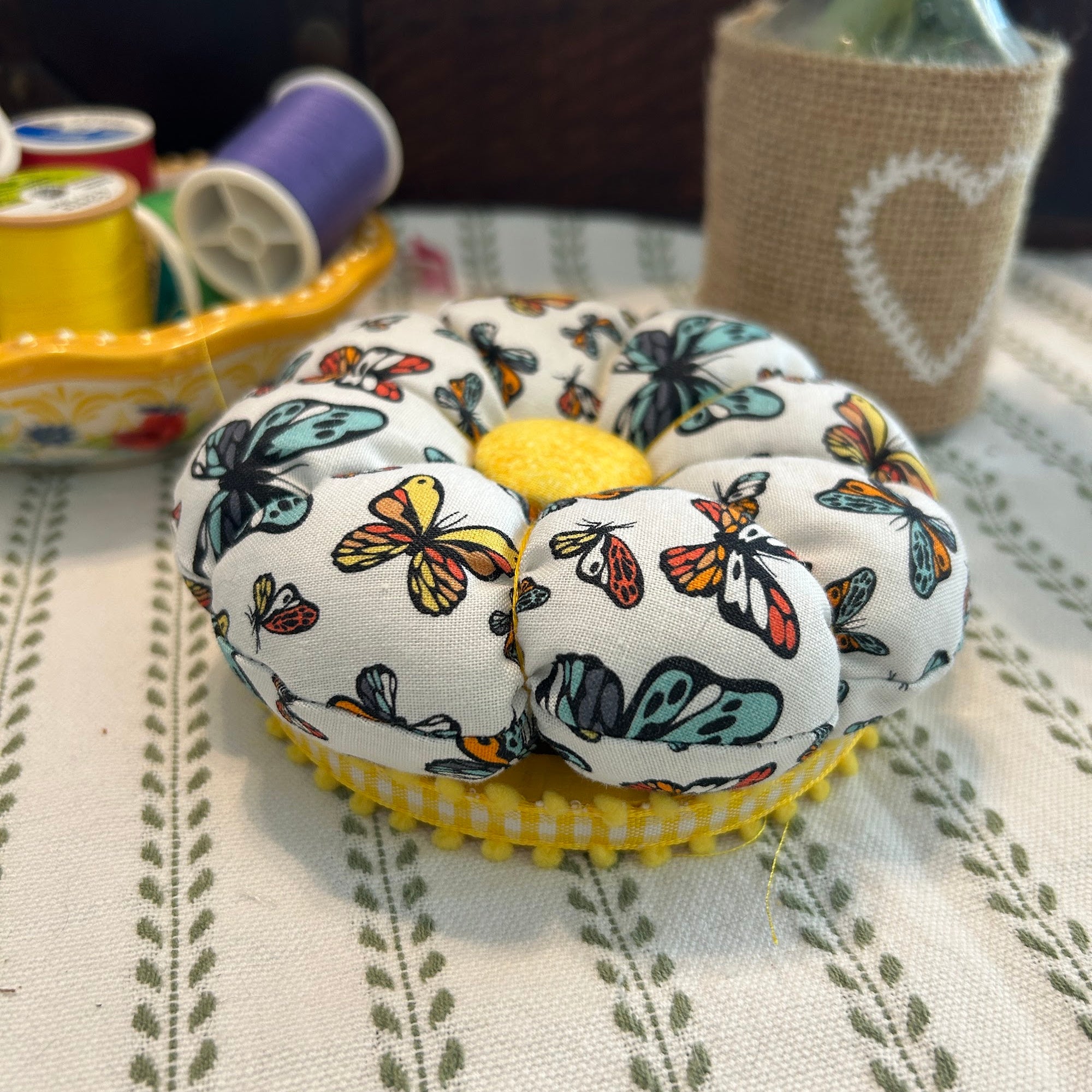Pin Cushion with Butterflies on Wooden Base - Yellow