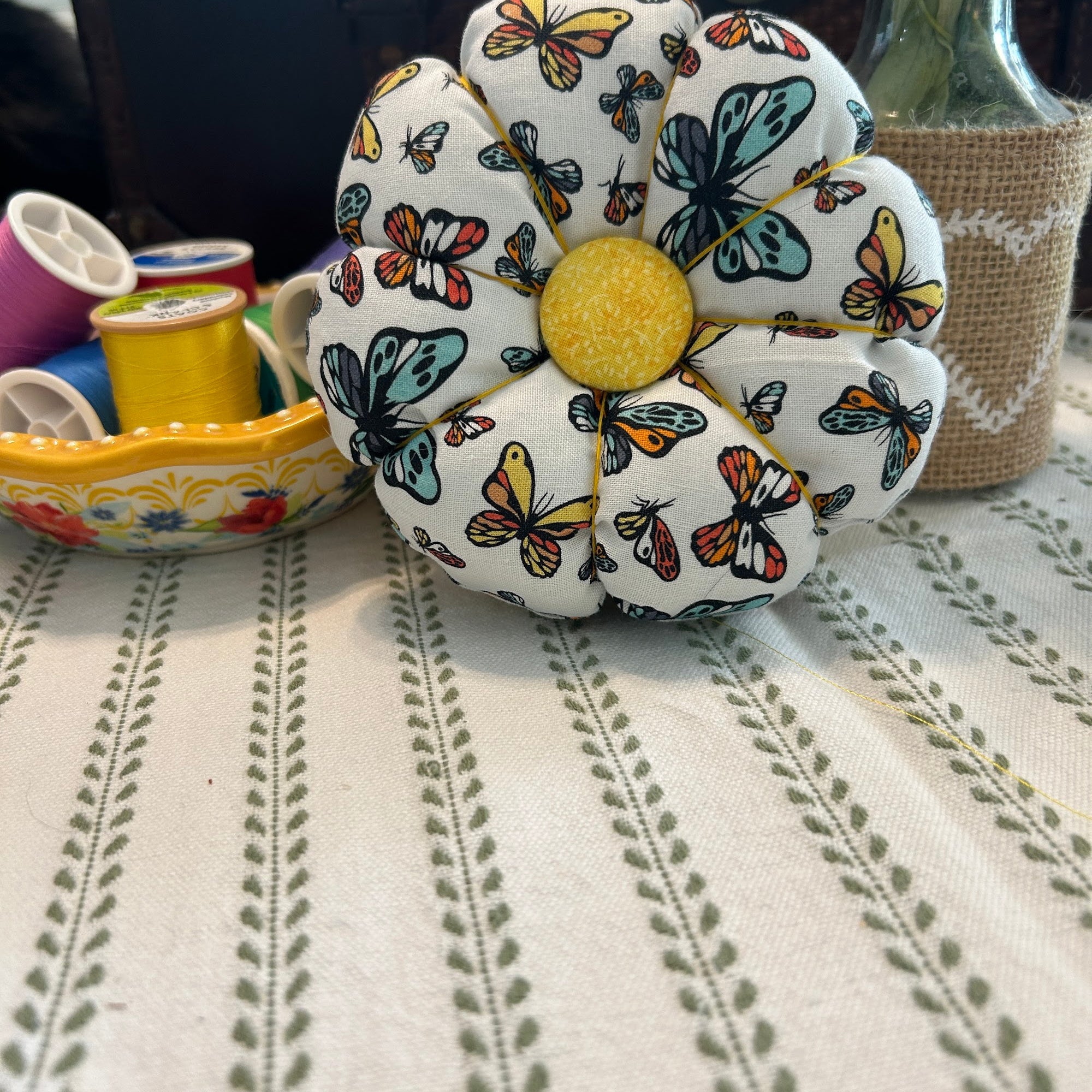 Pin Cushion with Butterflies on Wooden Base - Yellow