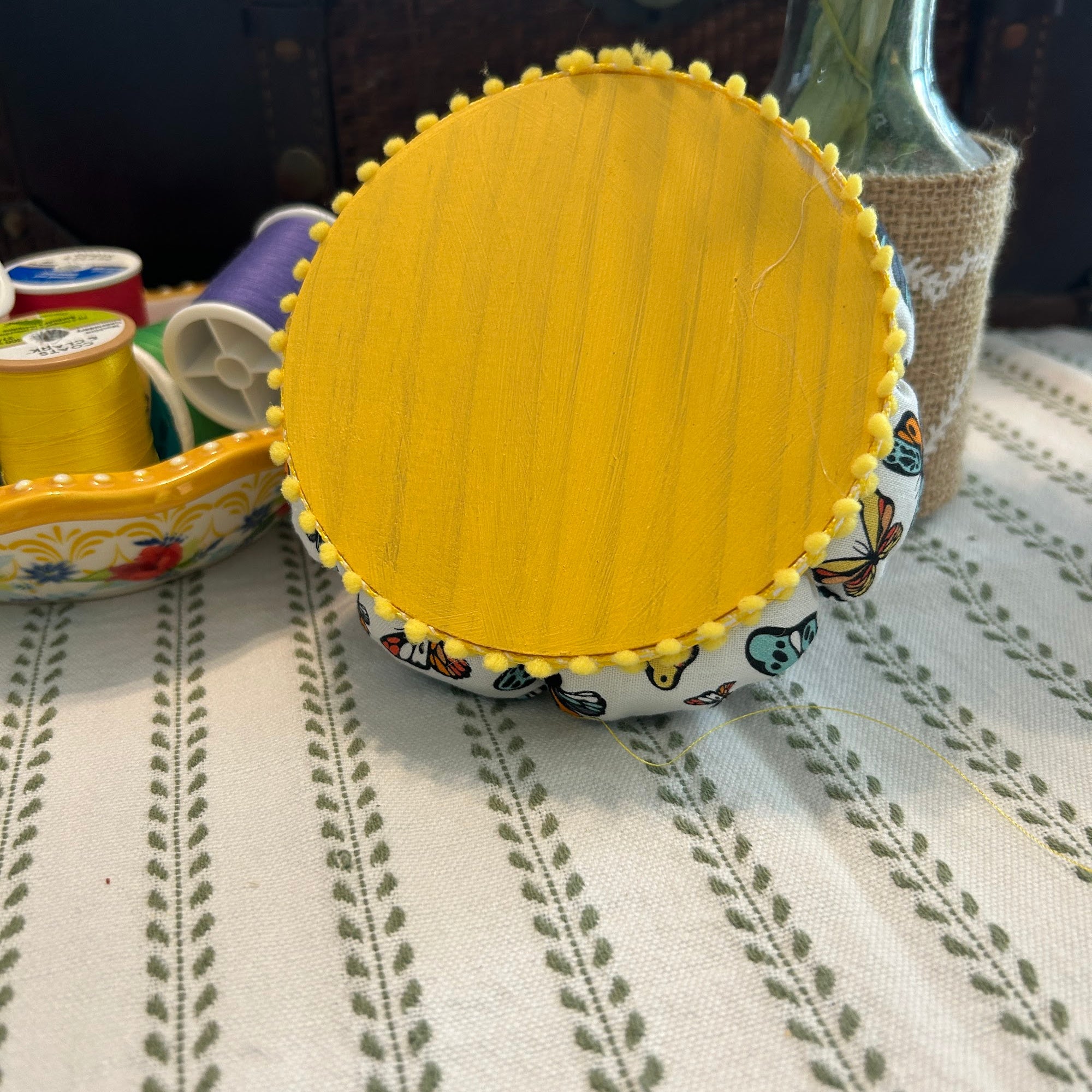 Pin Cushion with Butterflies on Wooden Base - Yellow