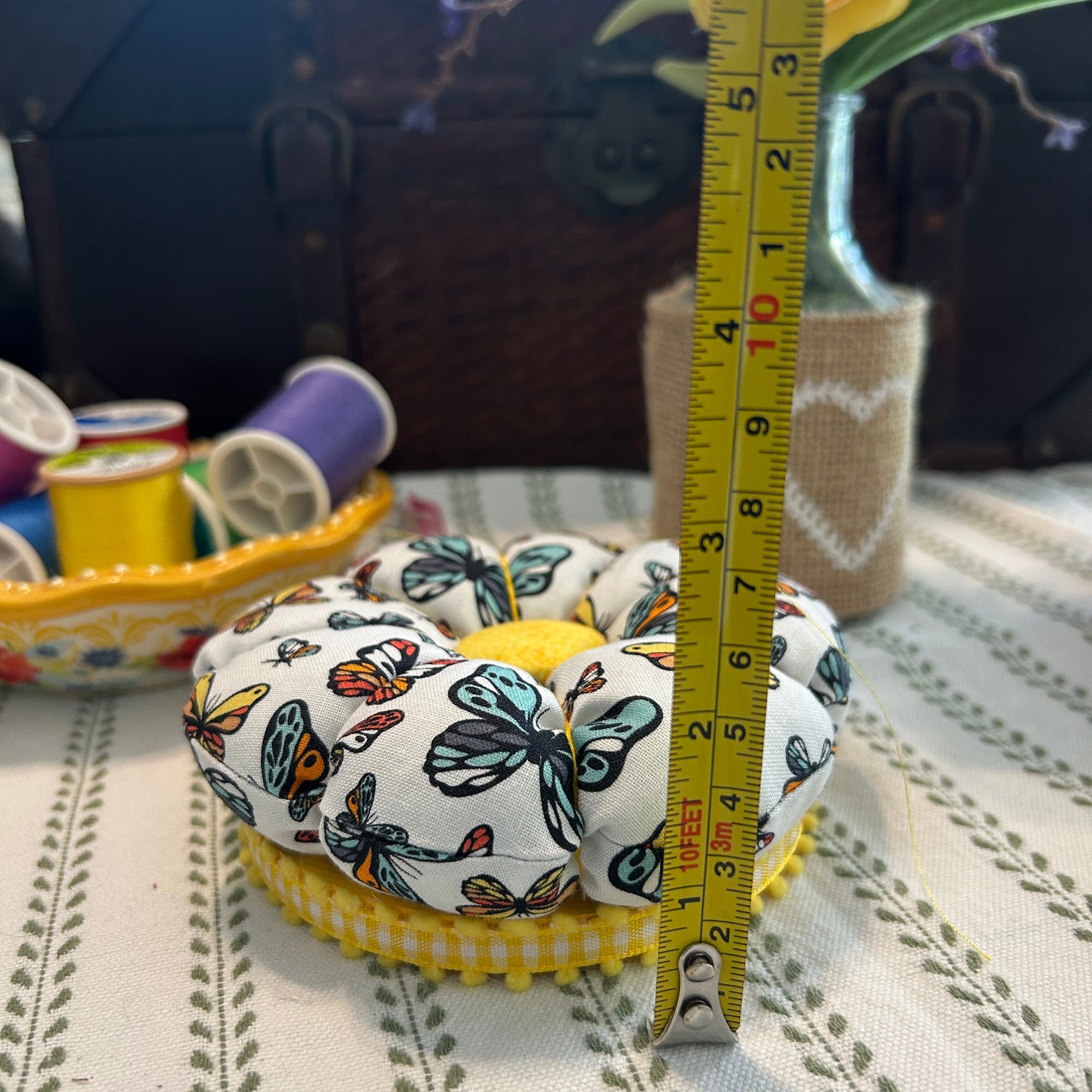 Pin Cushion with Butterflies on Wooden Base - Yellow