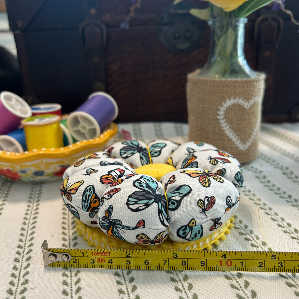Pin Cushion with Butterflies on Wooden Base - Yellow