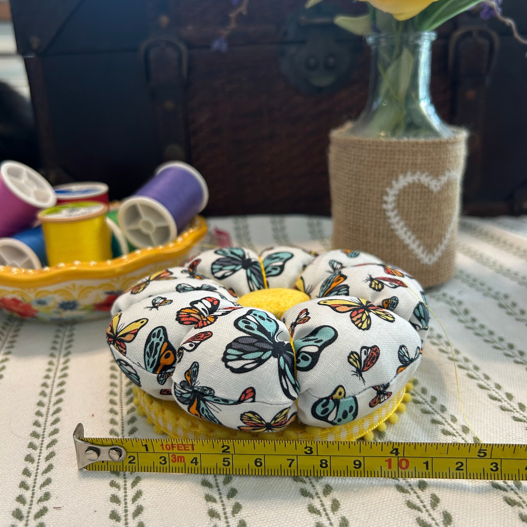 Pin Cushion with Butterflies on Wooden Base - Yellow
