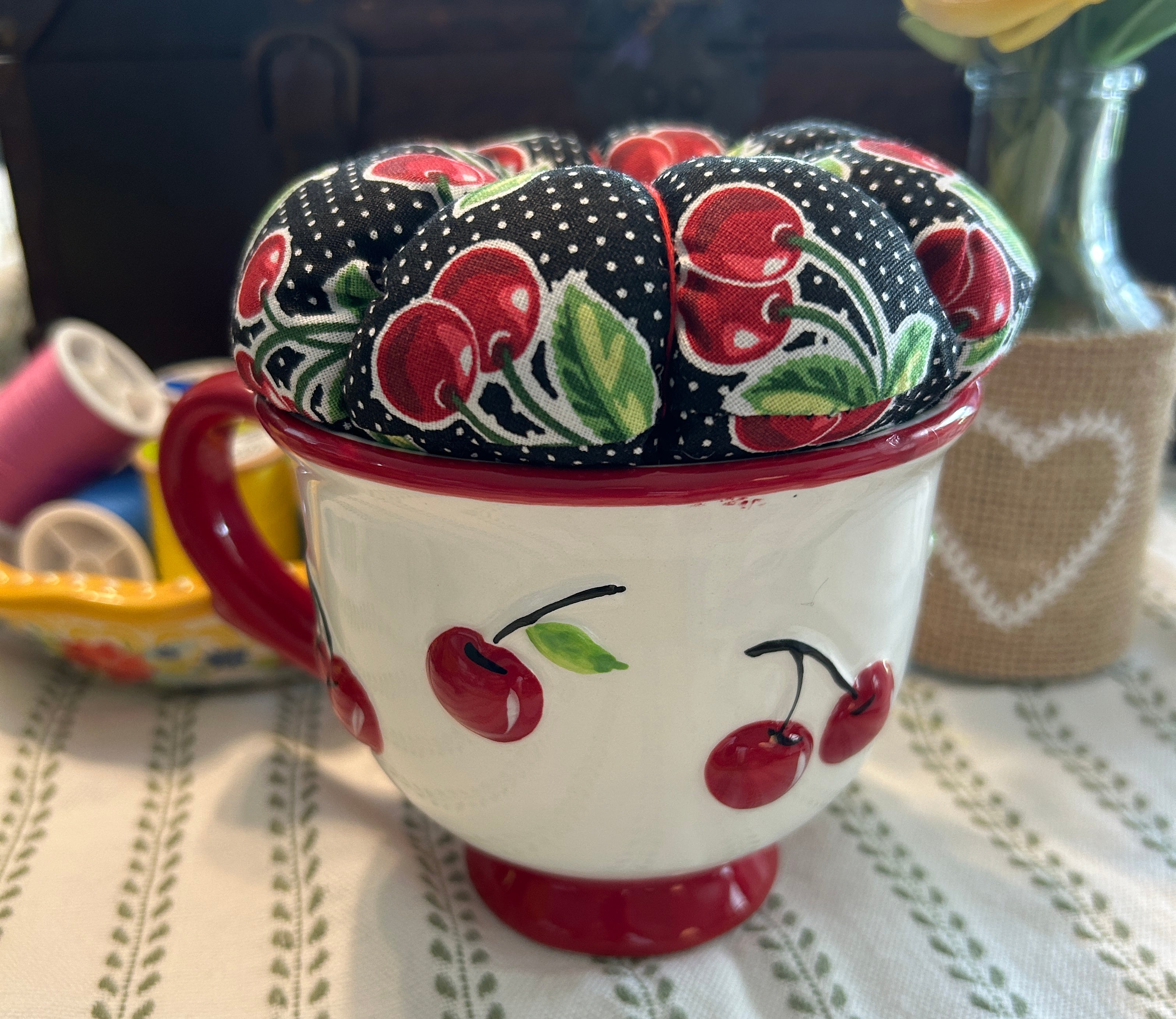 Cherries on a Cherry Decorated Ceramic Cup Pin Cushion