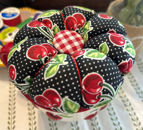 Cherries on a Cherry Decorated Ceramic Cup Pin Cushion