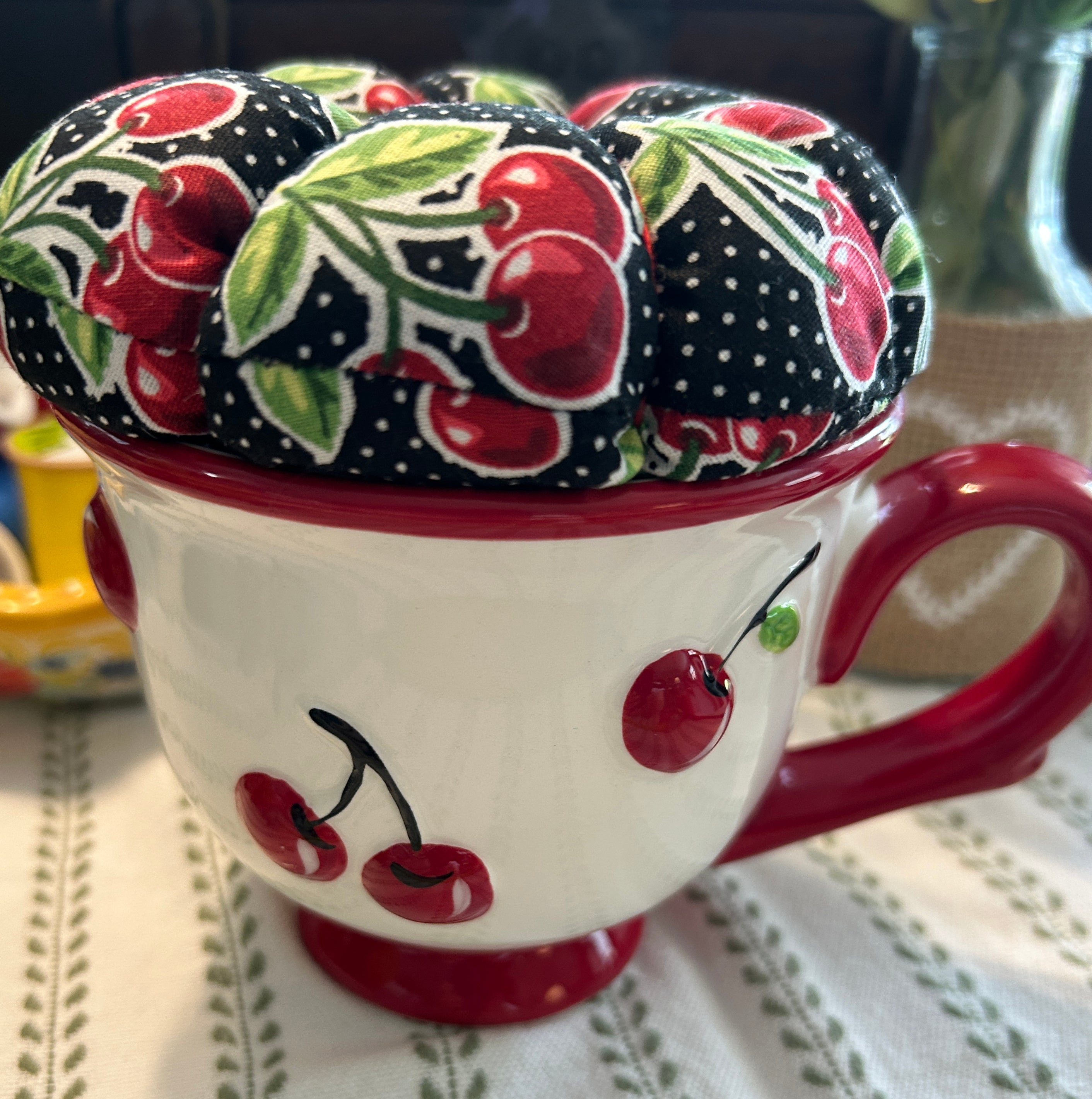 Cherries on a Cherry Decorated Ceramic Cup Pin Cushion