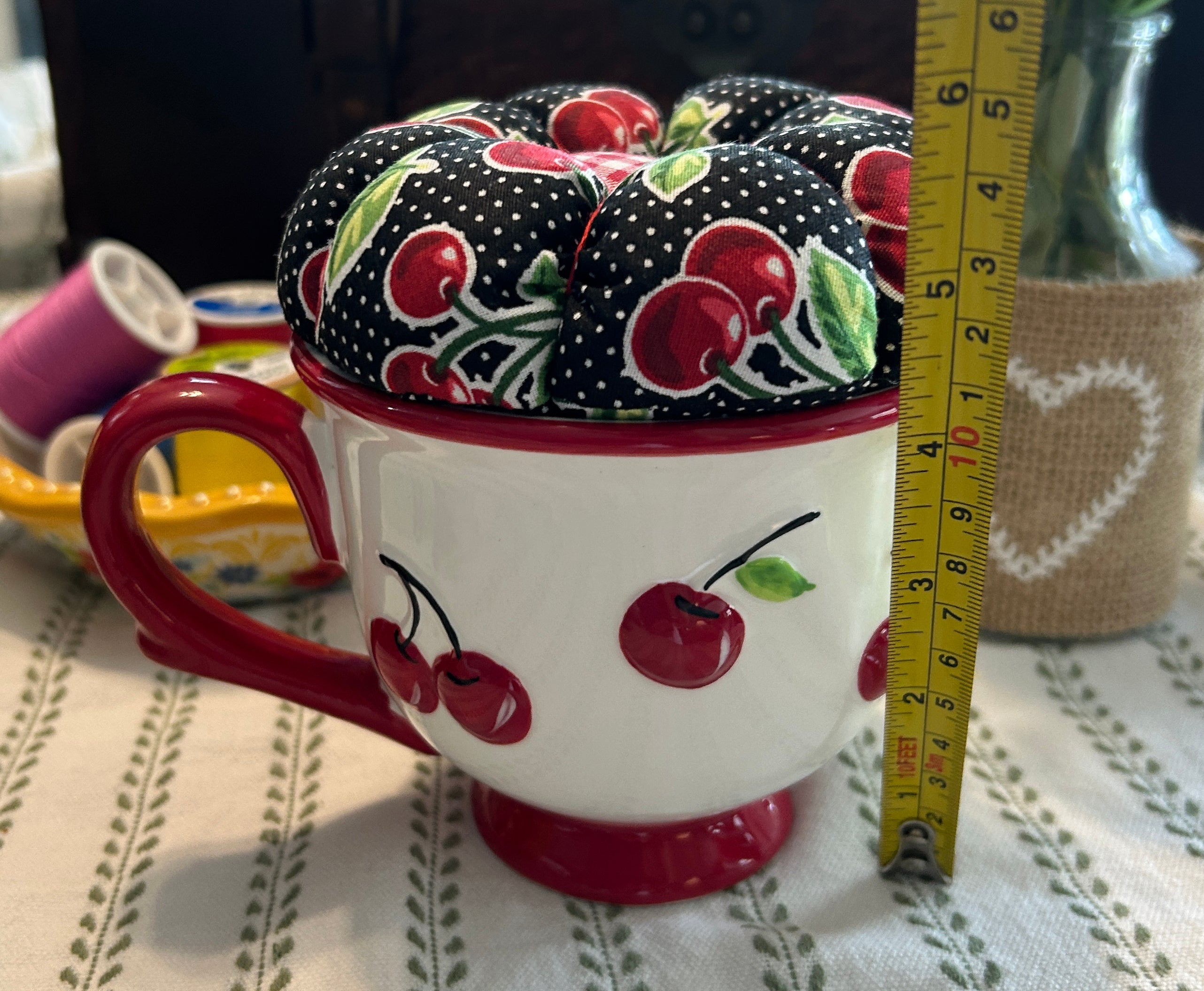 Cherries on a Cherry Decorated Ceramic Cup Pin Cushion