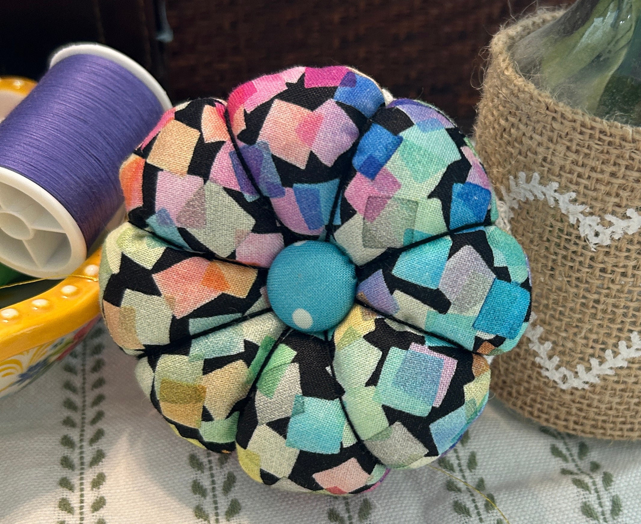 Pin Cushion with Colorful Squares - Small with black base