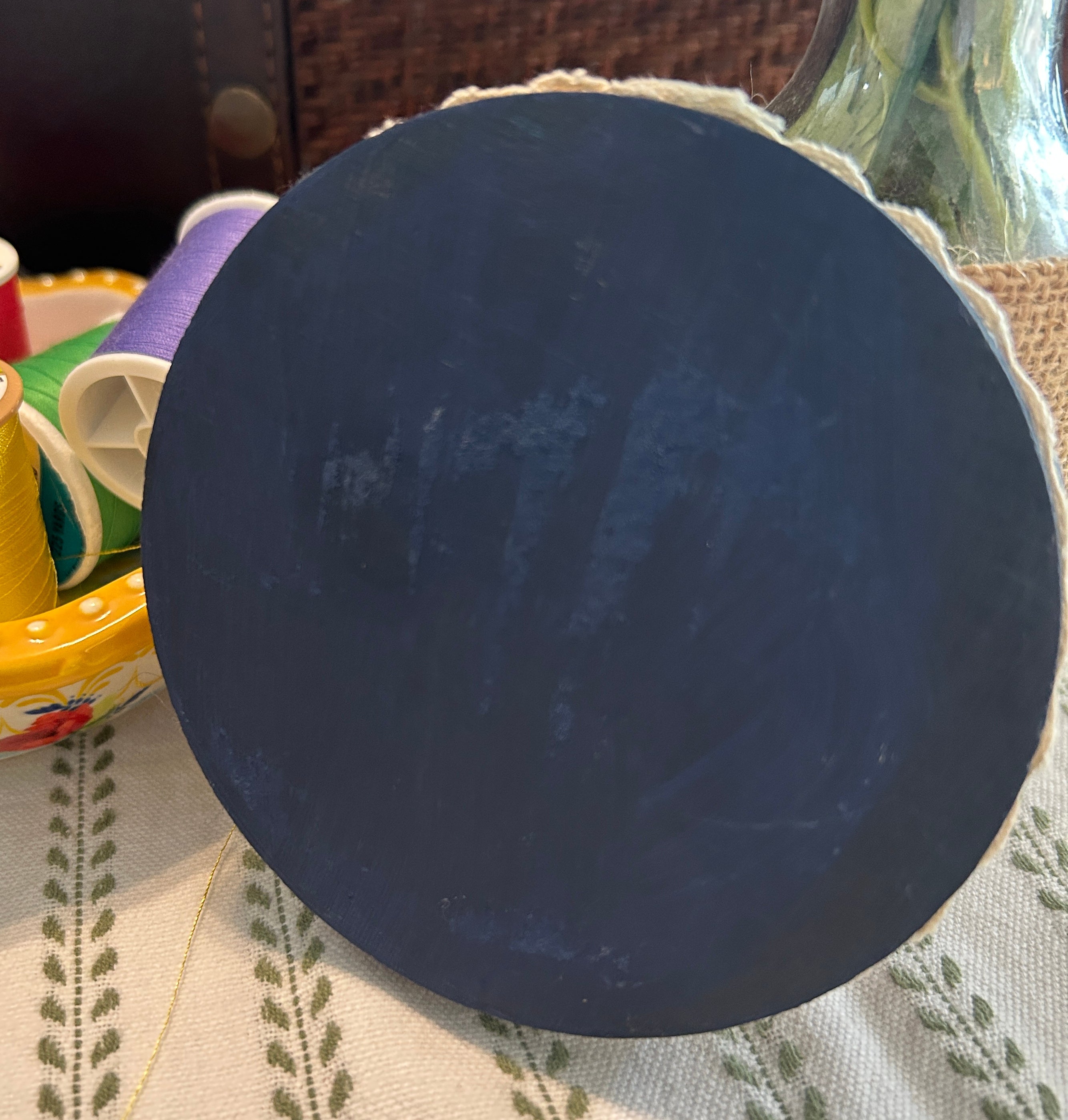 Pin Cushion - Facets on Navy Blue with Wooden Base