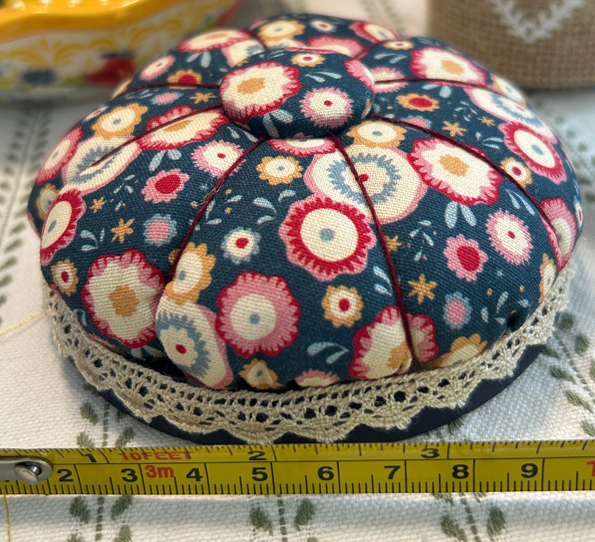 Pin Cushion - Facets on Navy Blue with Wooden Base