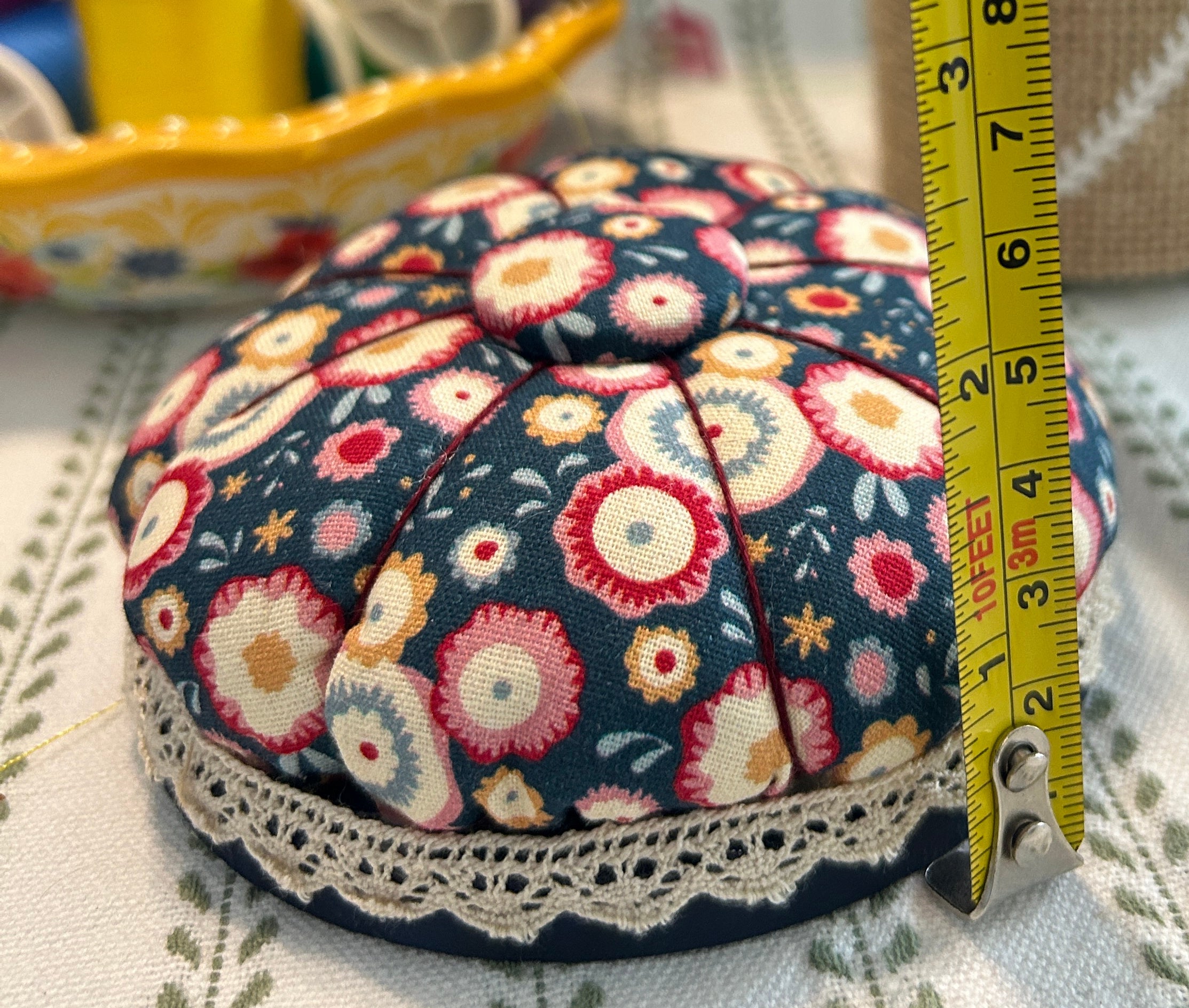 Pin Cushion - Facets on Navy Blue with Wooden Base