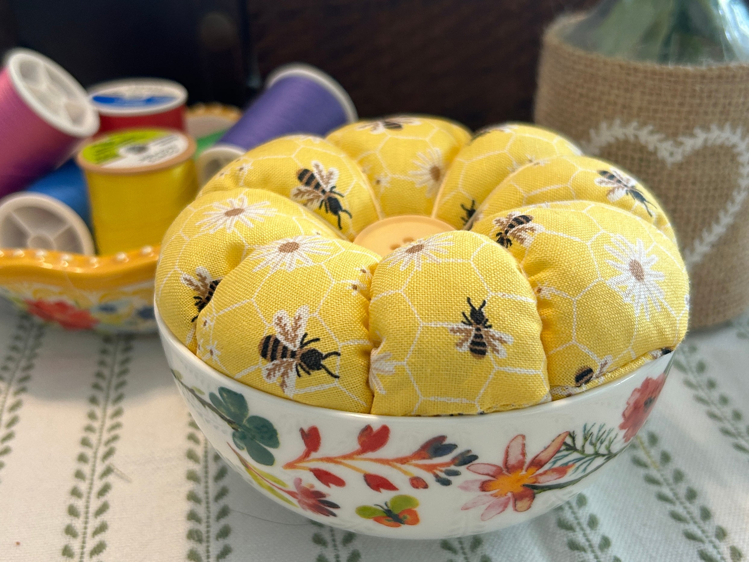 Honey Bees in a Bowl Pin Cushion