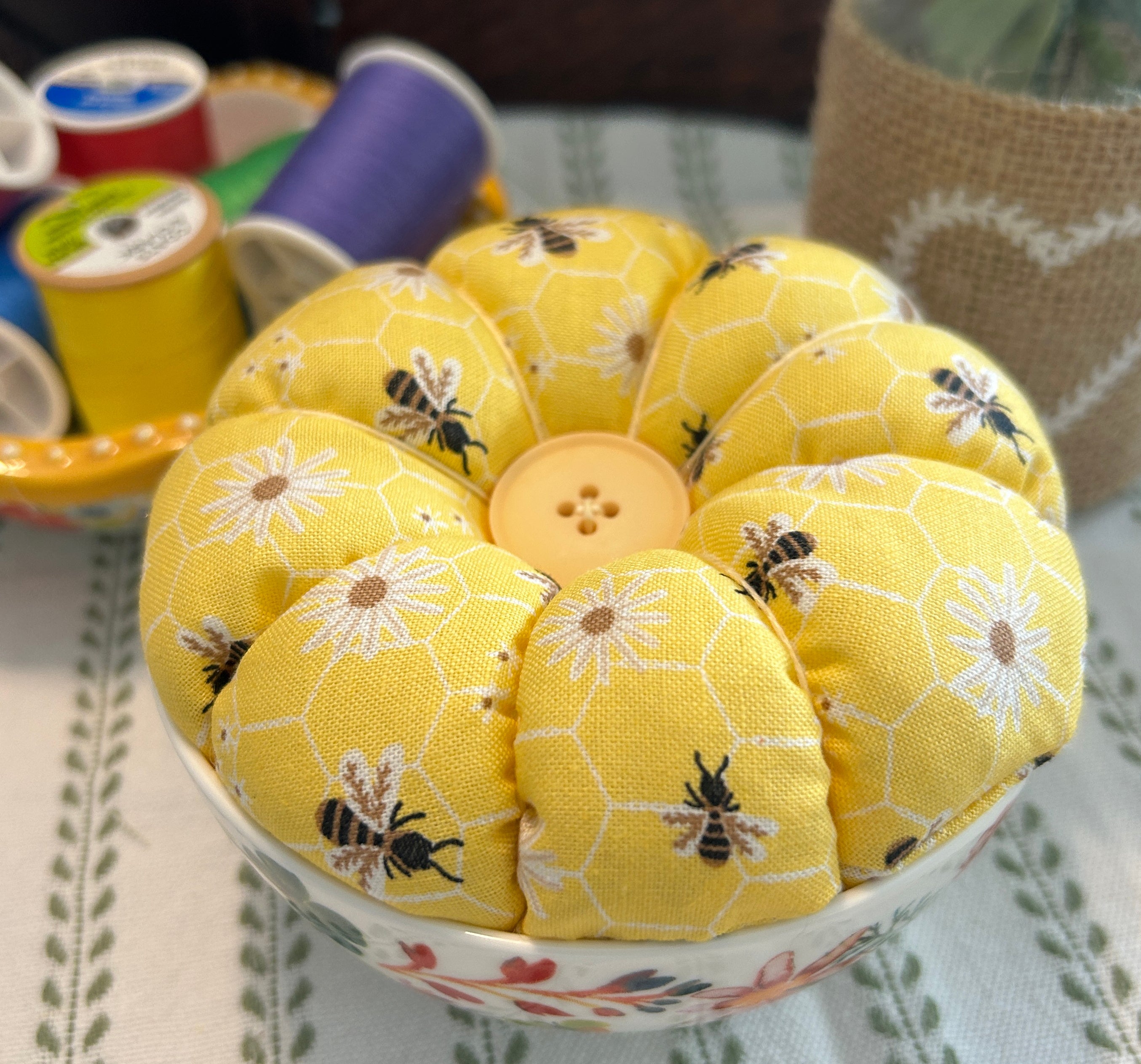 Honey Bees in a Bowl Pin Cushion