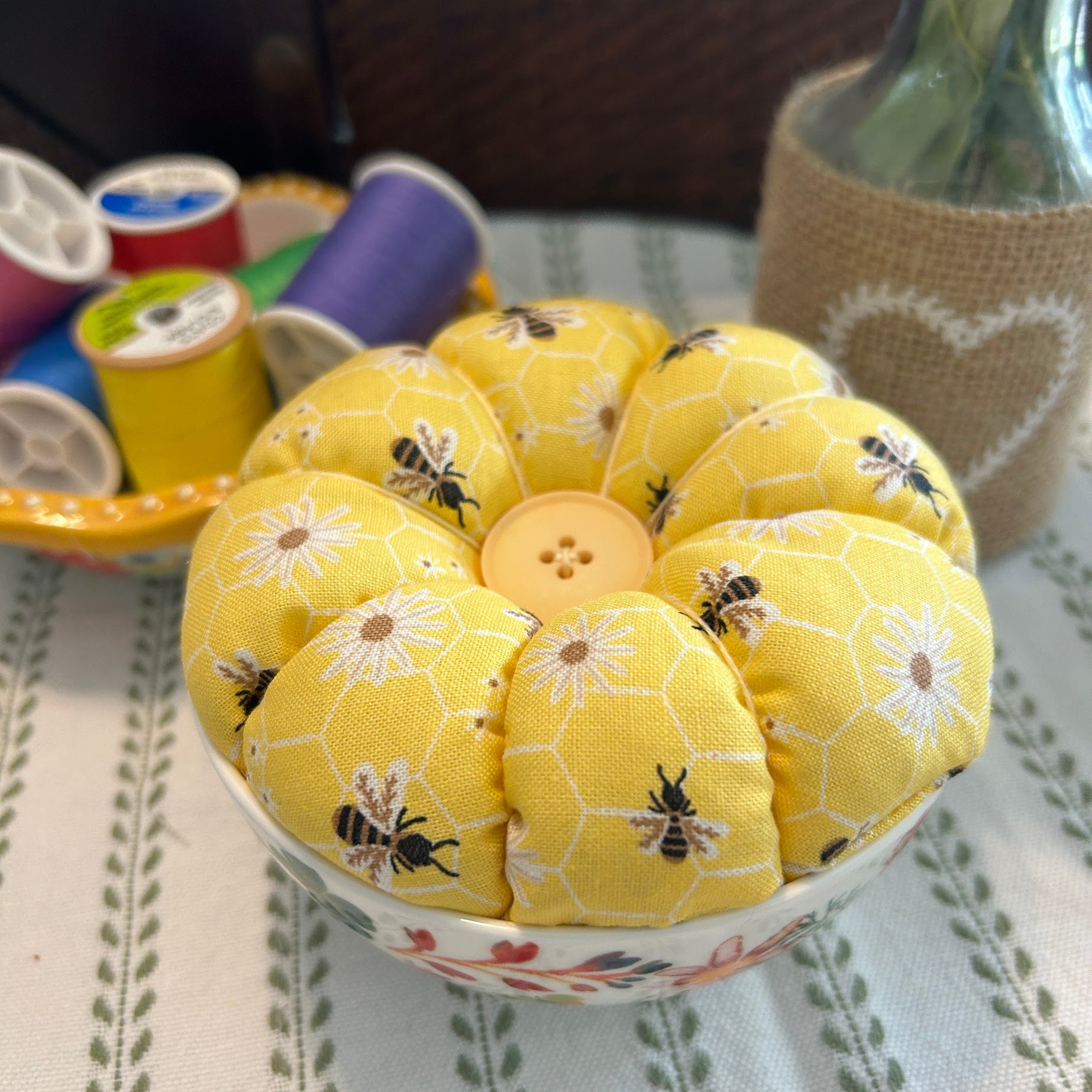 Honey Bees in a Bowl Pin Cushion
