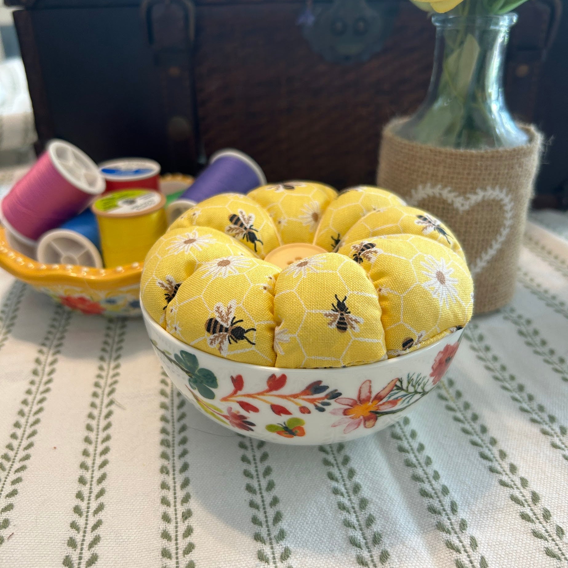 Honey Bees in a Bowl Pin Cushion