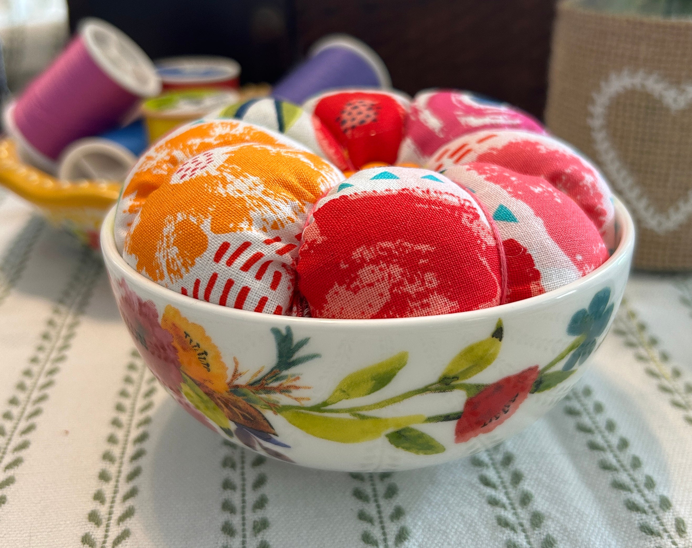 Bright Poppies in a Bowl Pin Cushion
