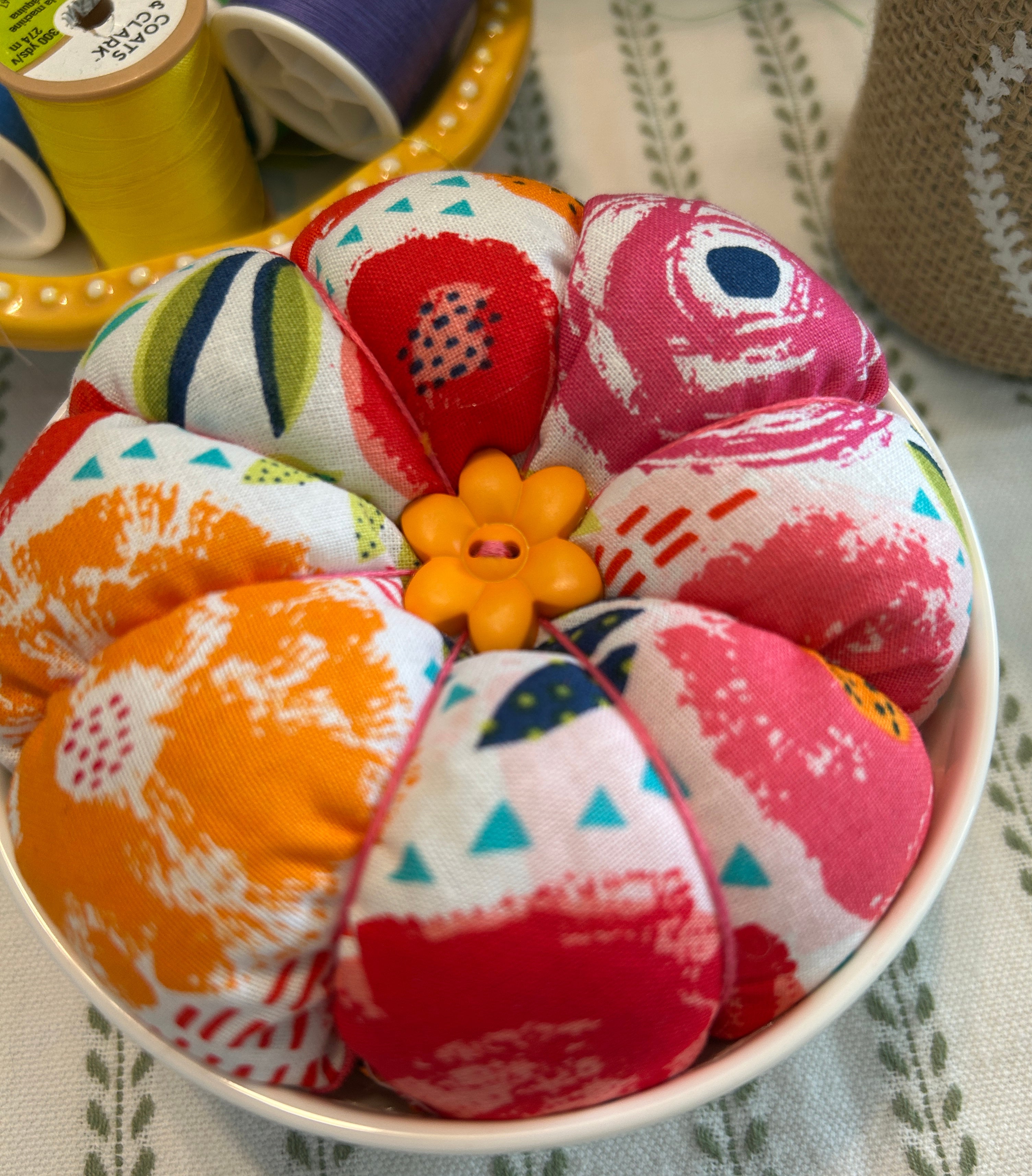 Bright Poppies in a Bowl Pin Cushion