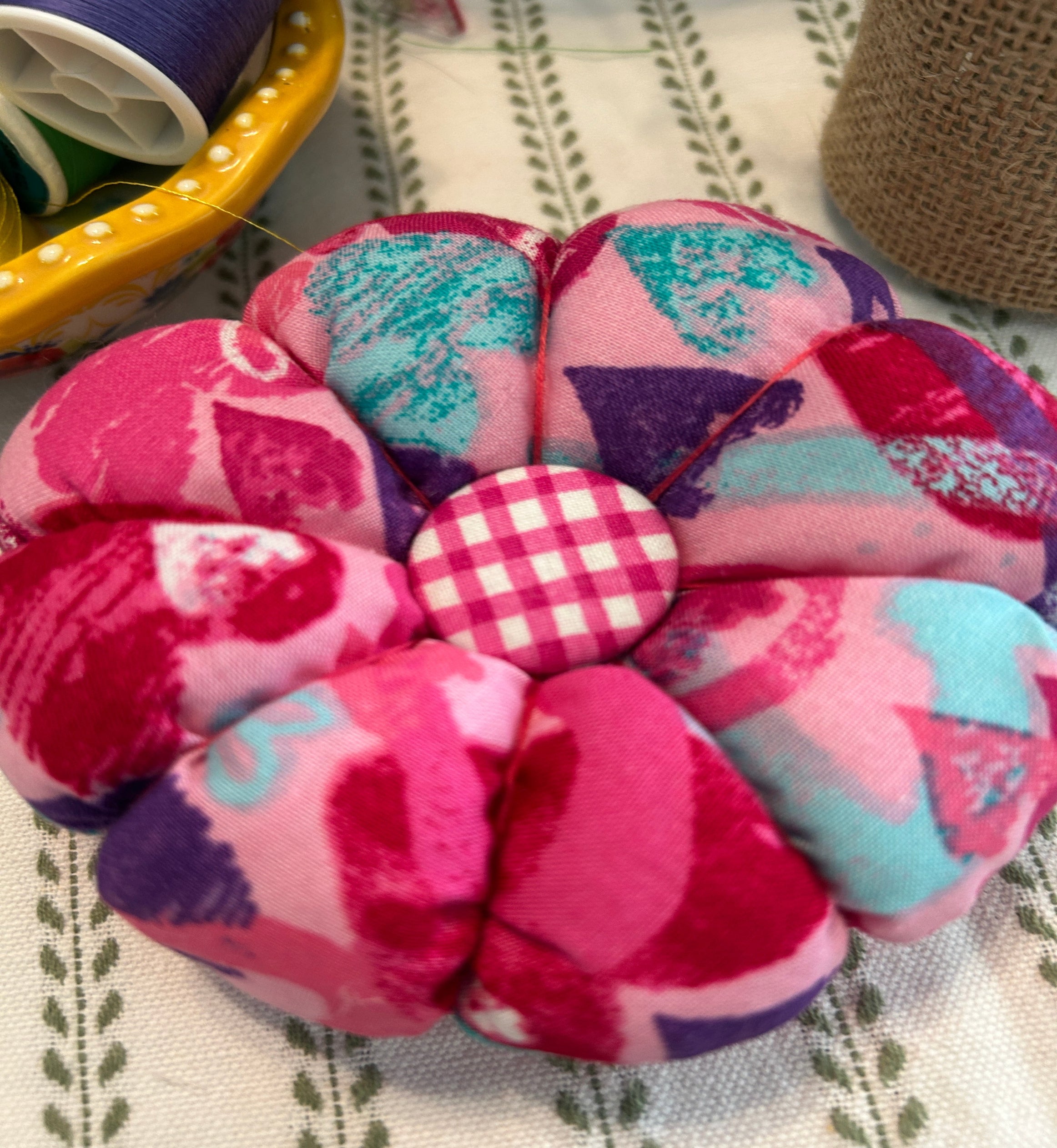 Pin Cushion with Pink, Purple, and Teal Hearts