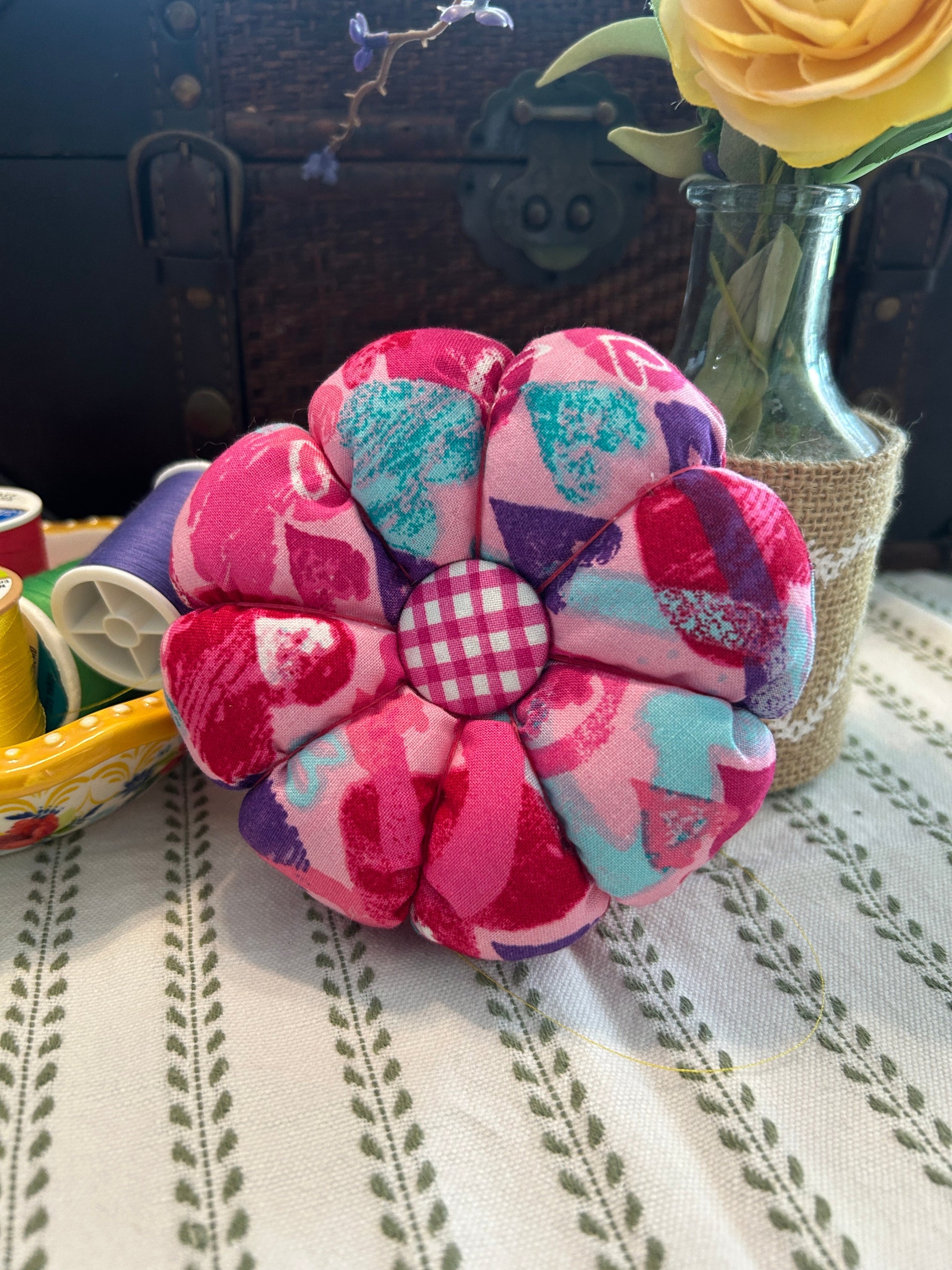 Pin Cushion with Pink, Purple, and Teal Hearts