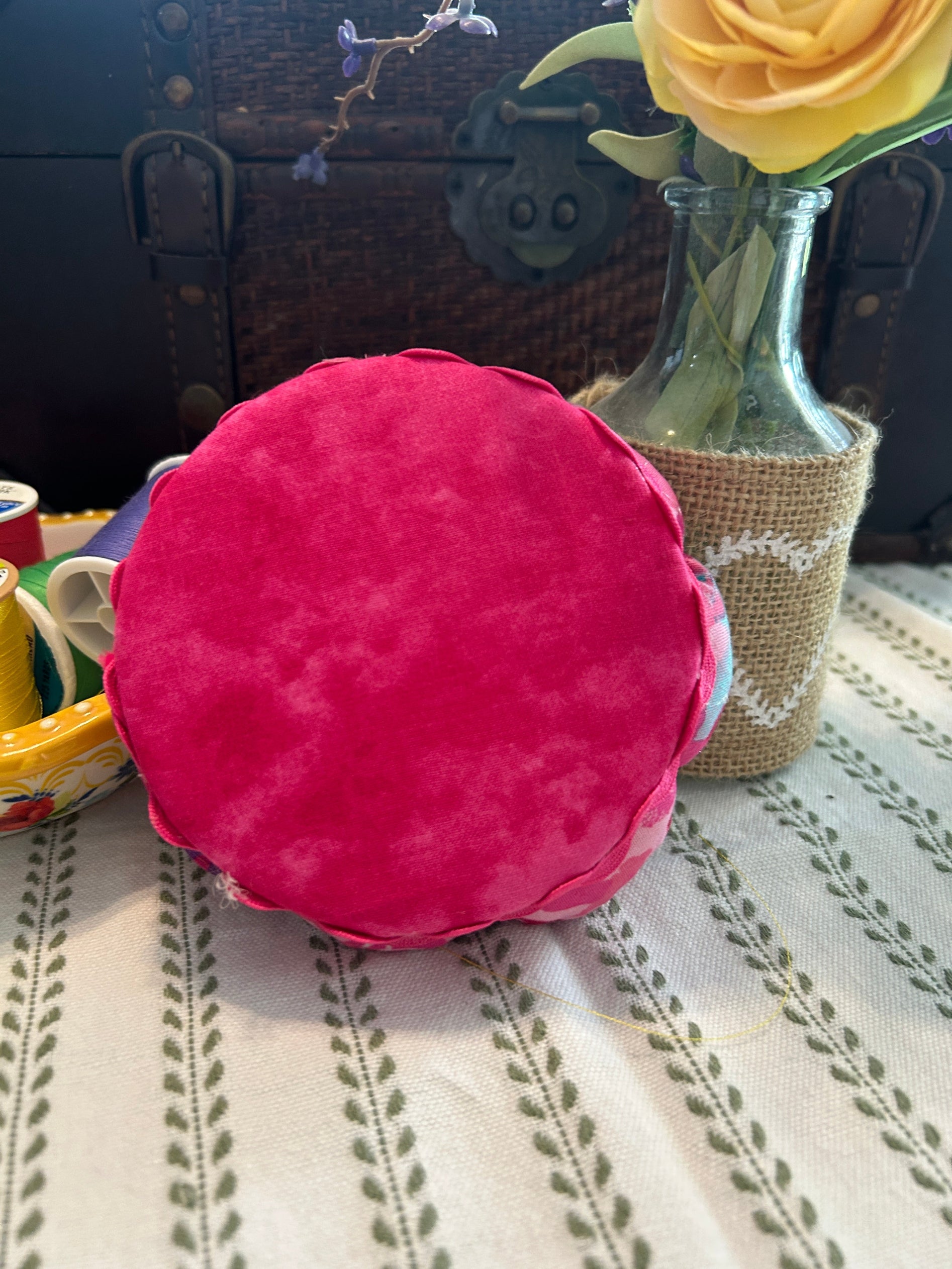 Pin Cushion with Pink, Purple, and Teal Hearts