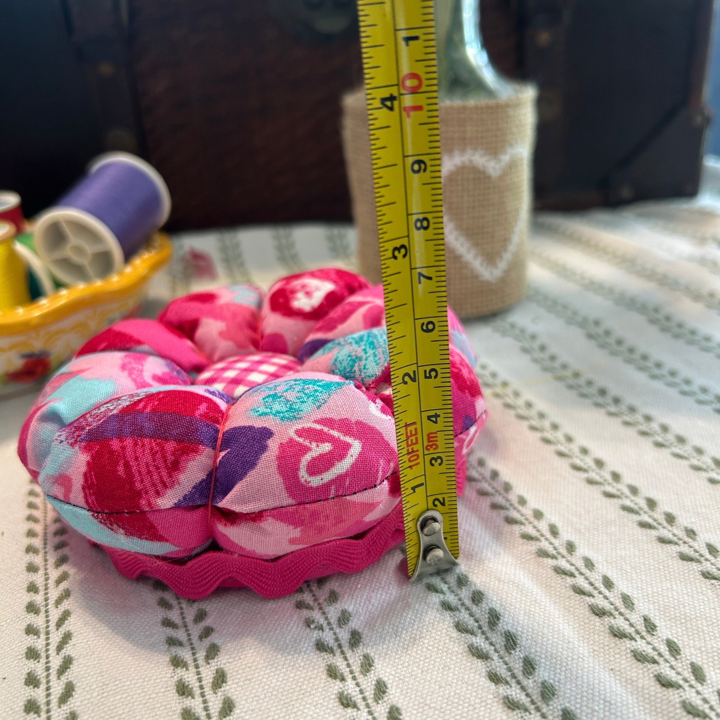 Pin Cushion with Pink, Purple, and Teal Hearts