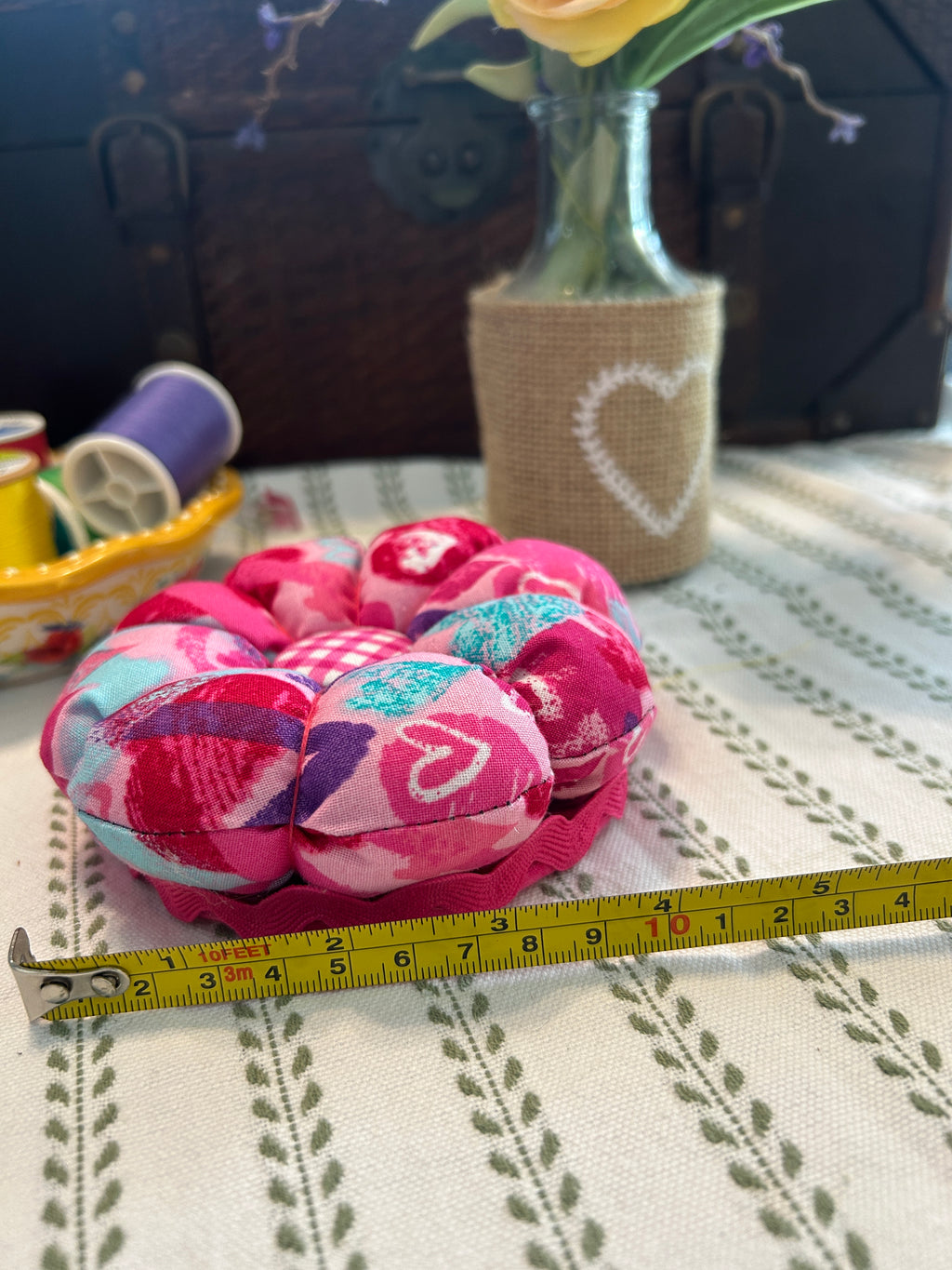 Pin Cushion with Pink, Purple, and Teal Hearts