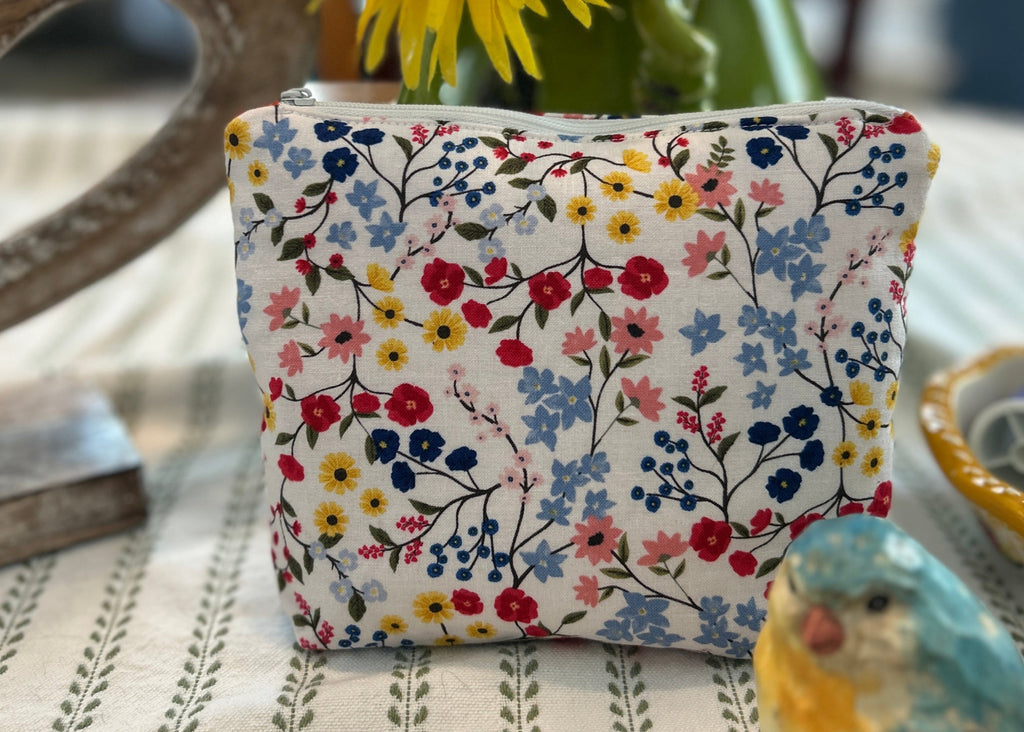 Cosmetic Zipper Pouch - Red and Blue Flowers