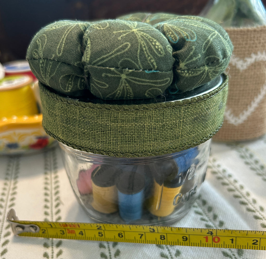 Mason Jar Sewing Kit with Green Dragonflies