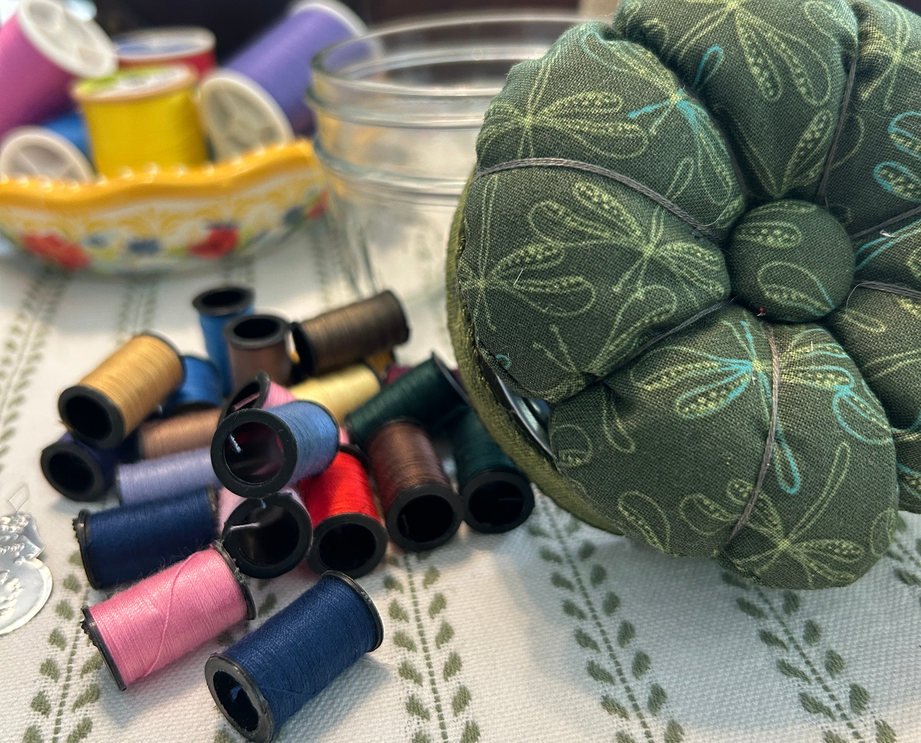 Mason Jar Sewing Kit with Green Dragonflies