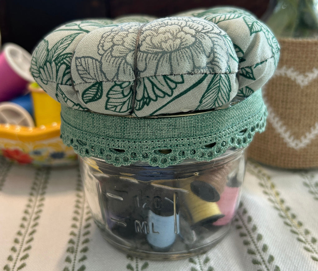 Mason Jar Sewing Kit with Green Flowers and Bees
